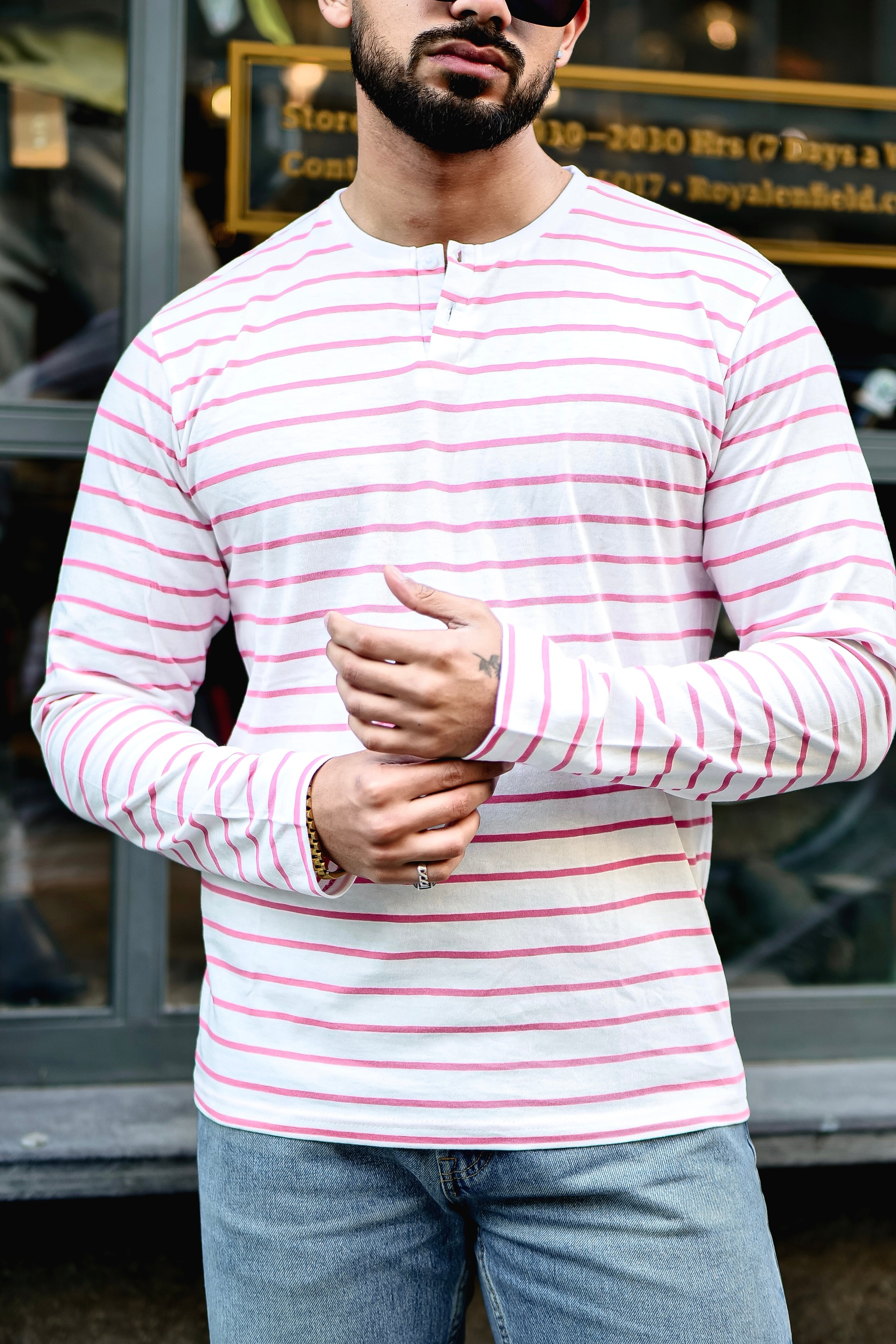 Pink Striped Henley Neck T-Shirt