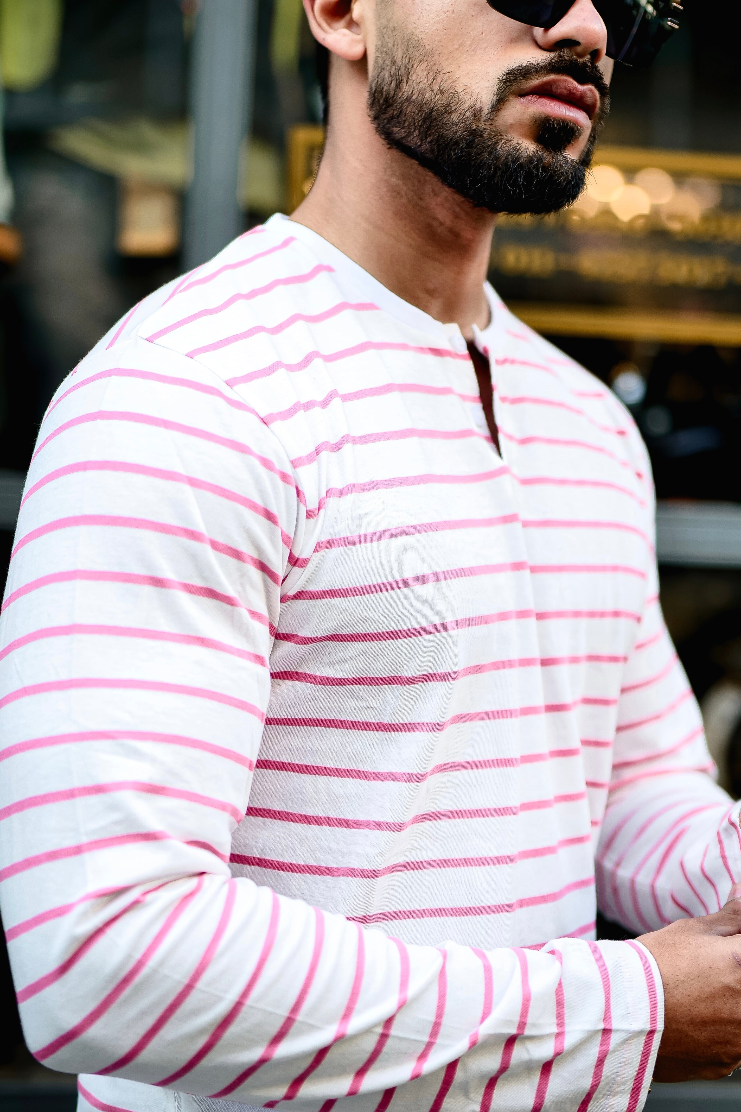 Pink Striped Henley Neck T-Shirt