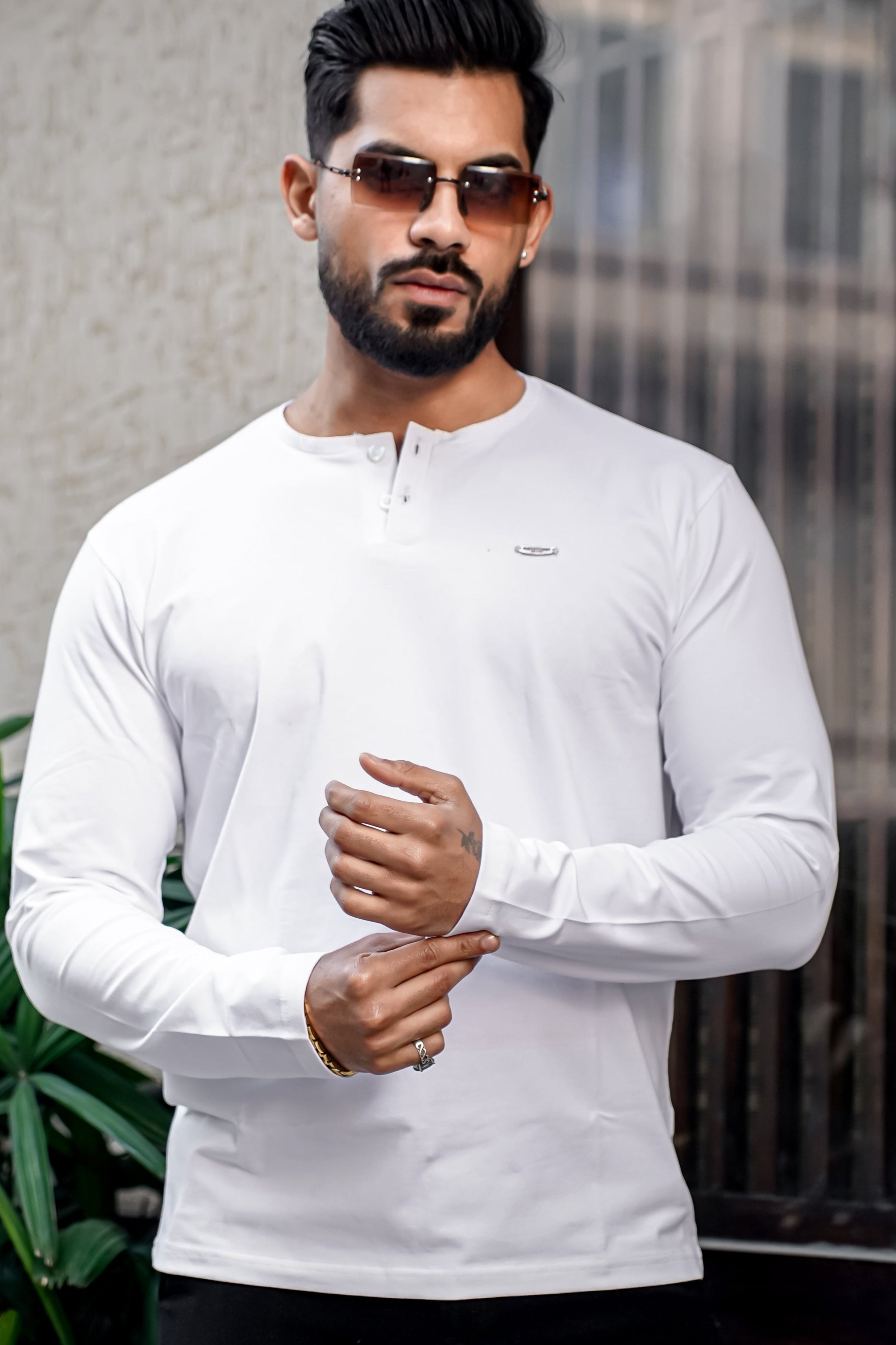 White Cotton Stretch Henley T-Shirt