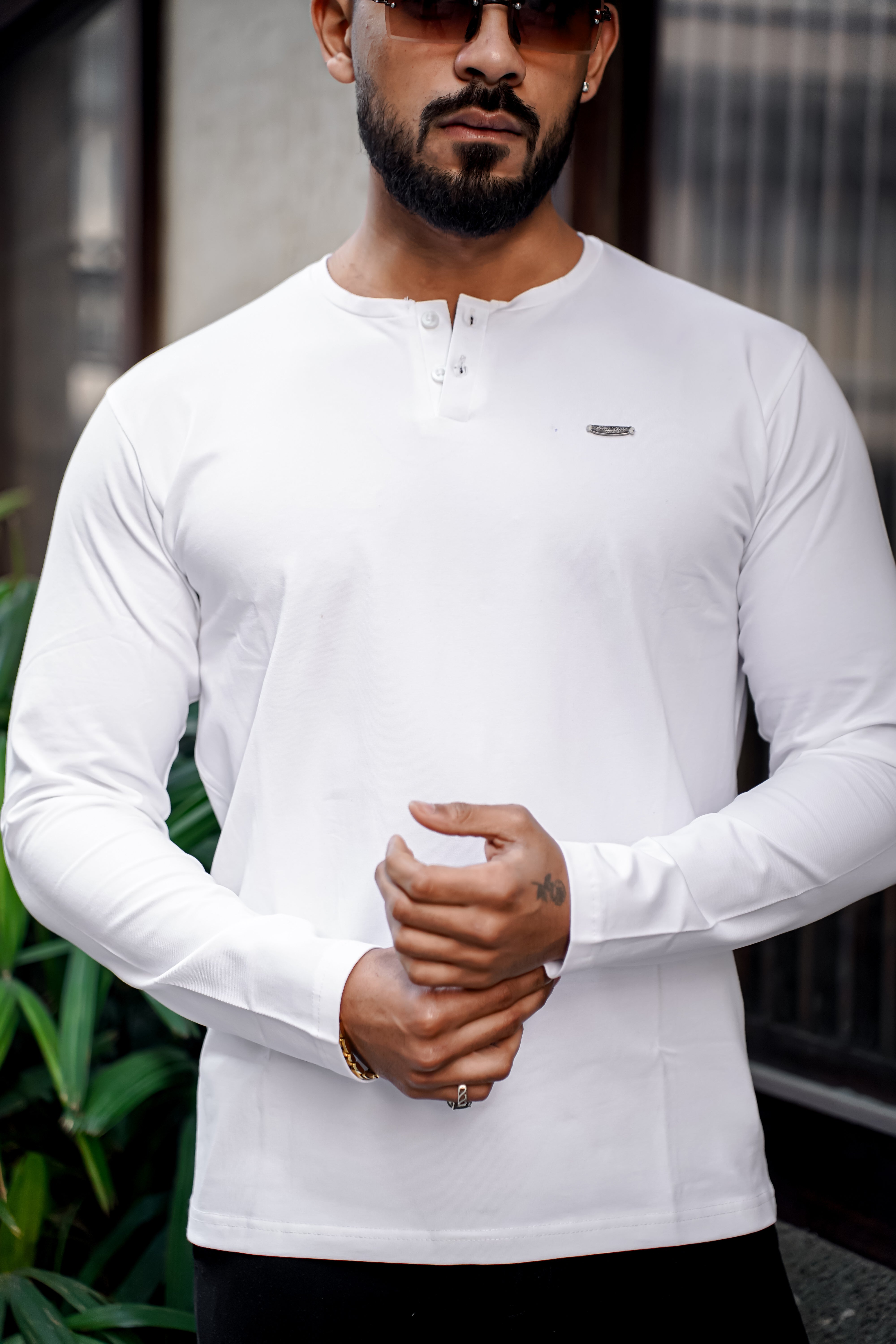 White Cotton Stretch Henley T-Shirt