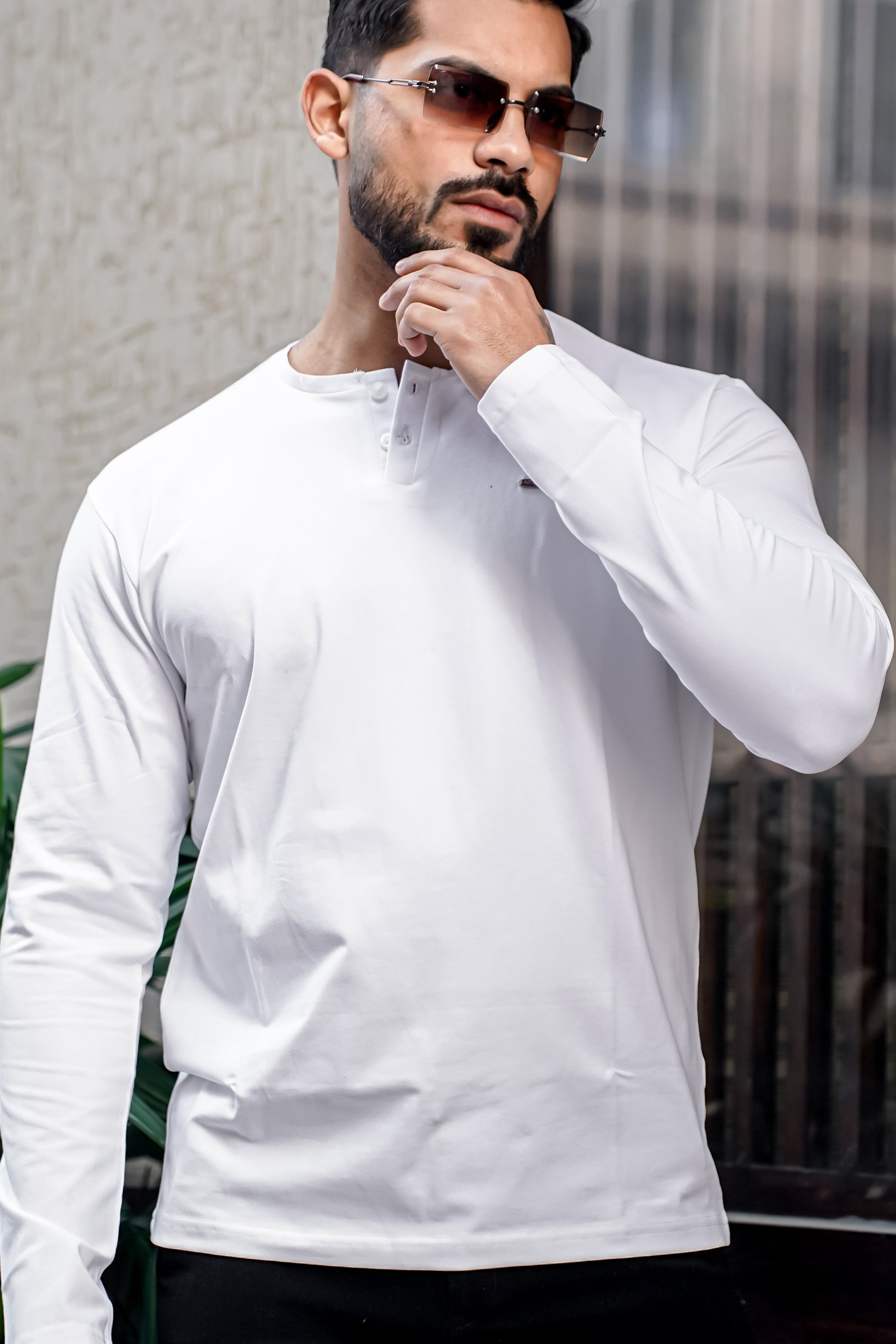 White Cotton Stretch Henley T-Shirt