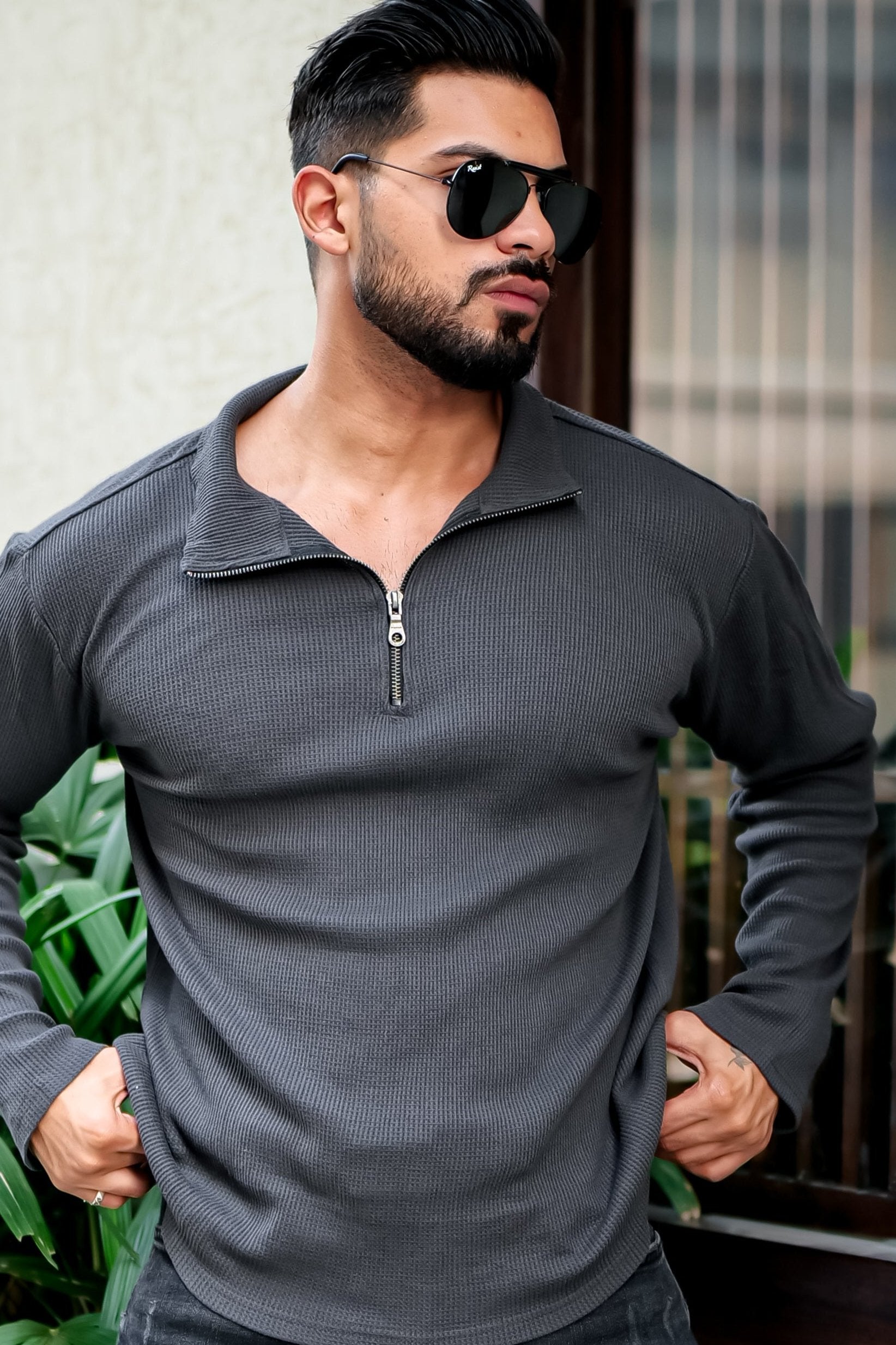 Dark Grey Waffle Zipper T-Shirt