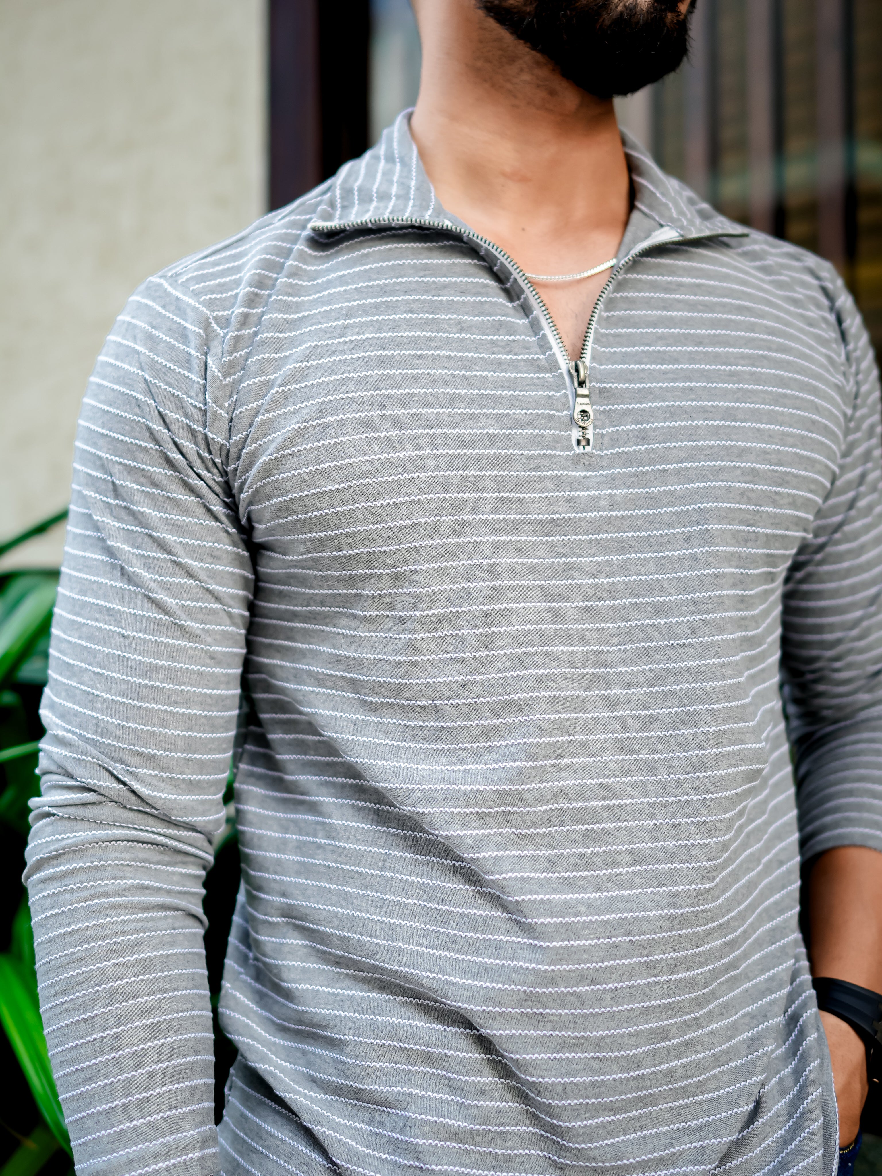 Grey Zipper Self Design T-Shirt