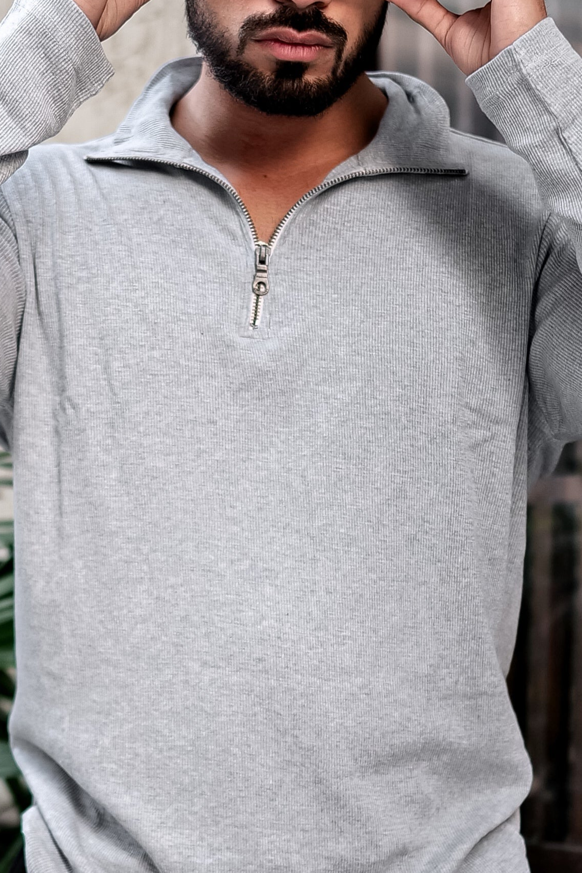 Grey Cotton Rib Zipper T-Shirt