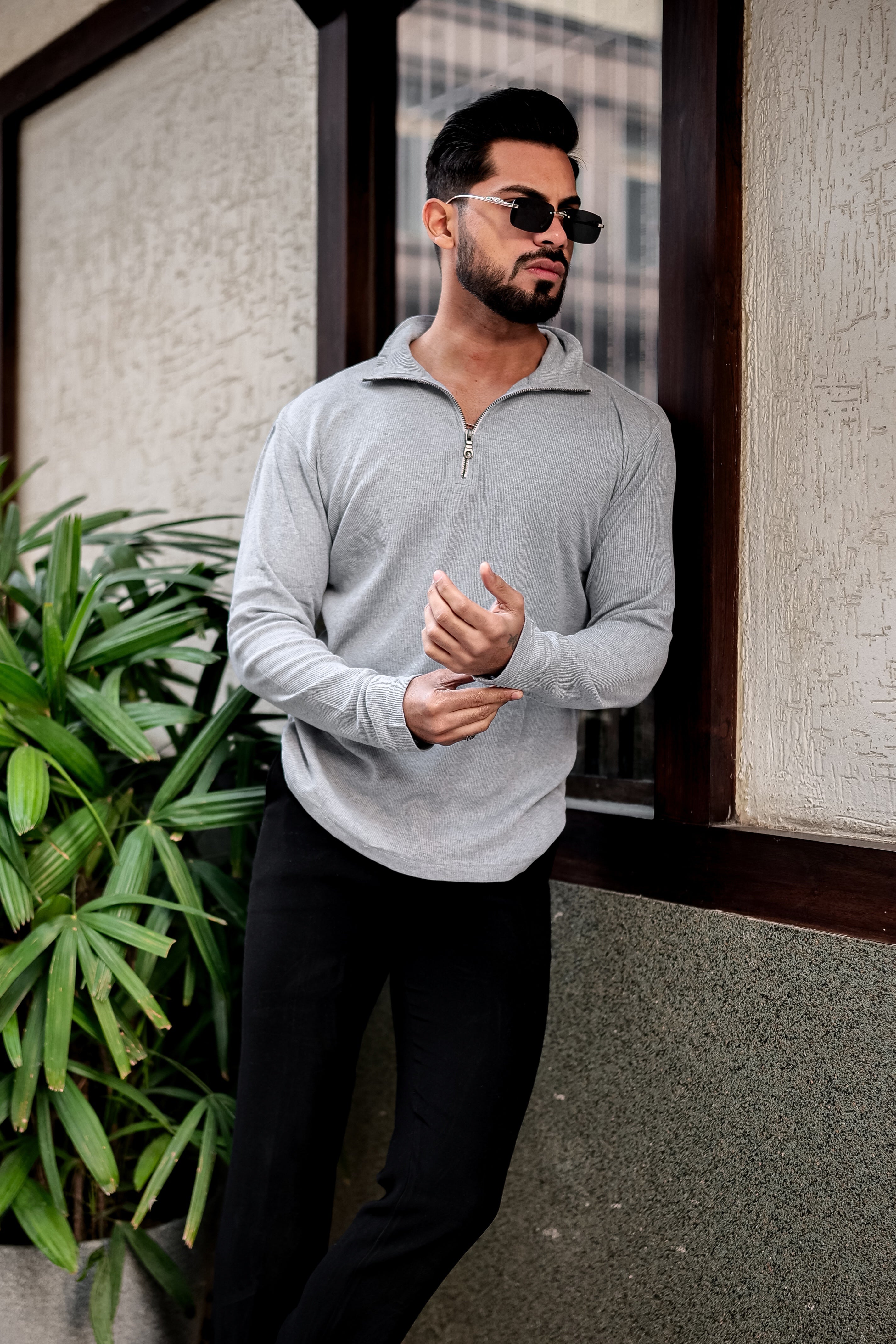 Grey Cotton Rib Zipper T-Shirt