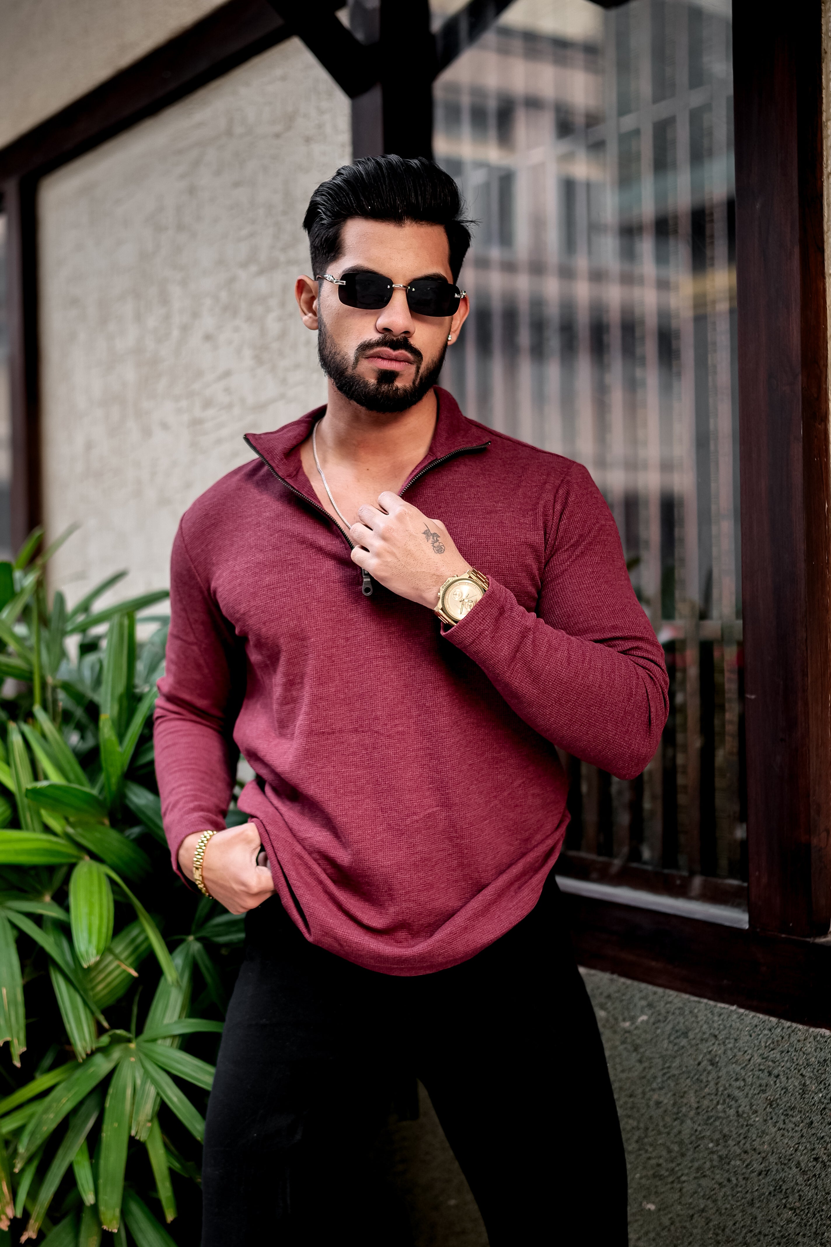 Maroon Self Design Waffle Knit Zipper T-Shirt