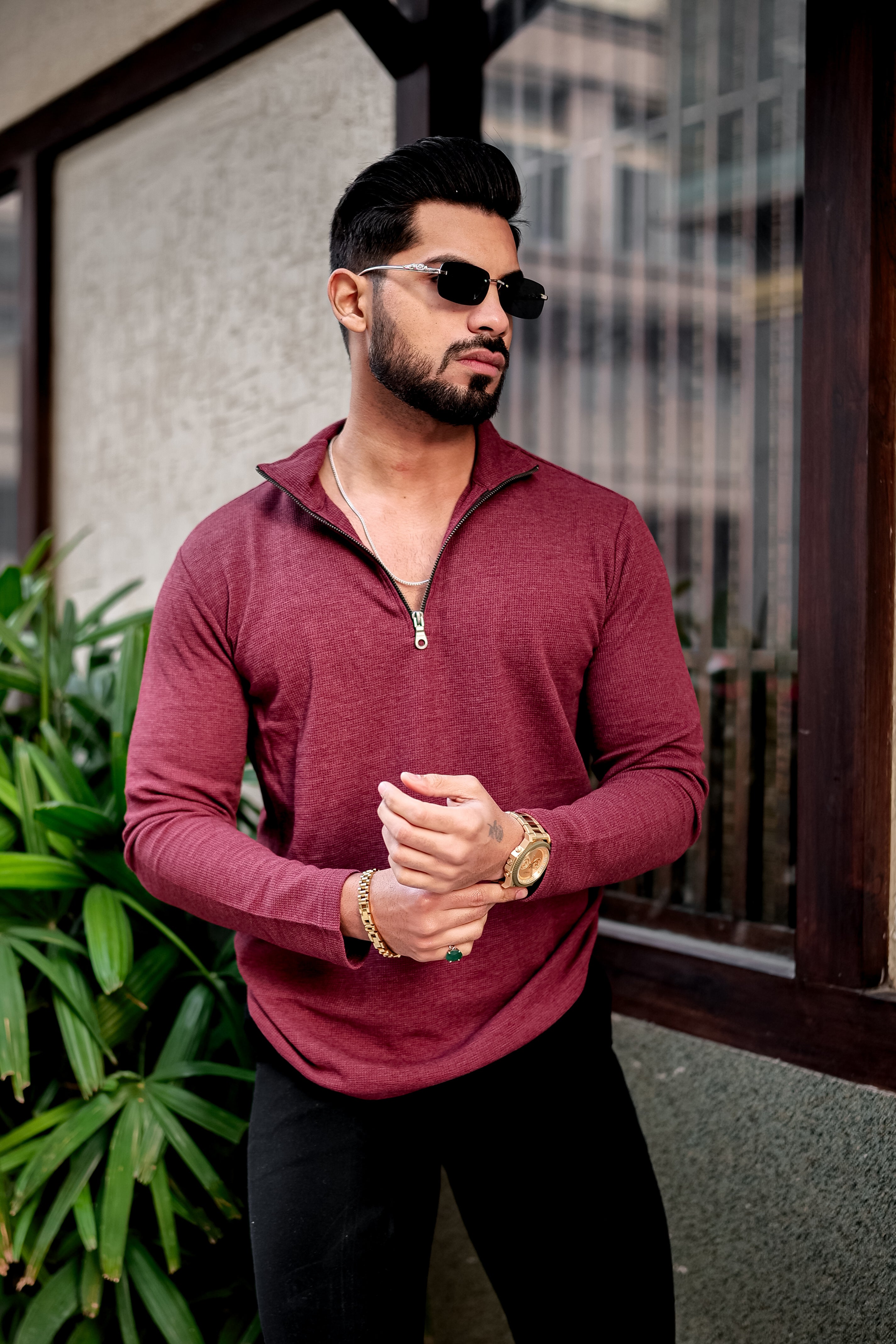 Maroon Self Design Waffle Knit Zipper T-Shirt