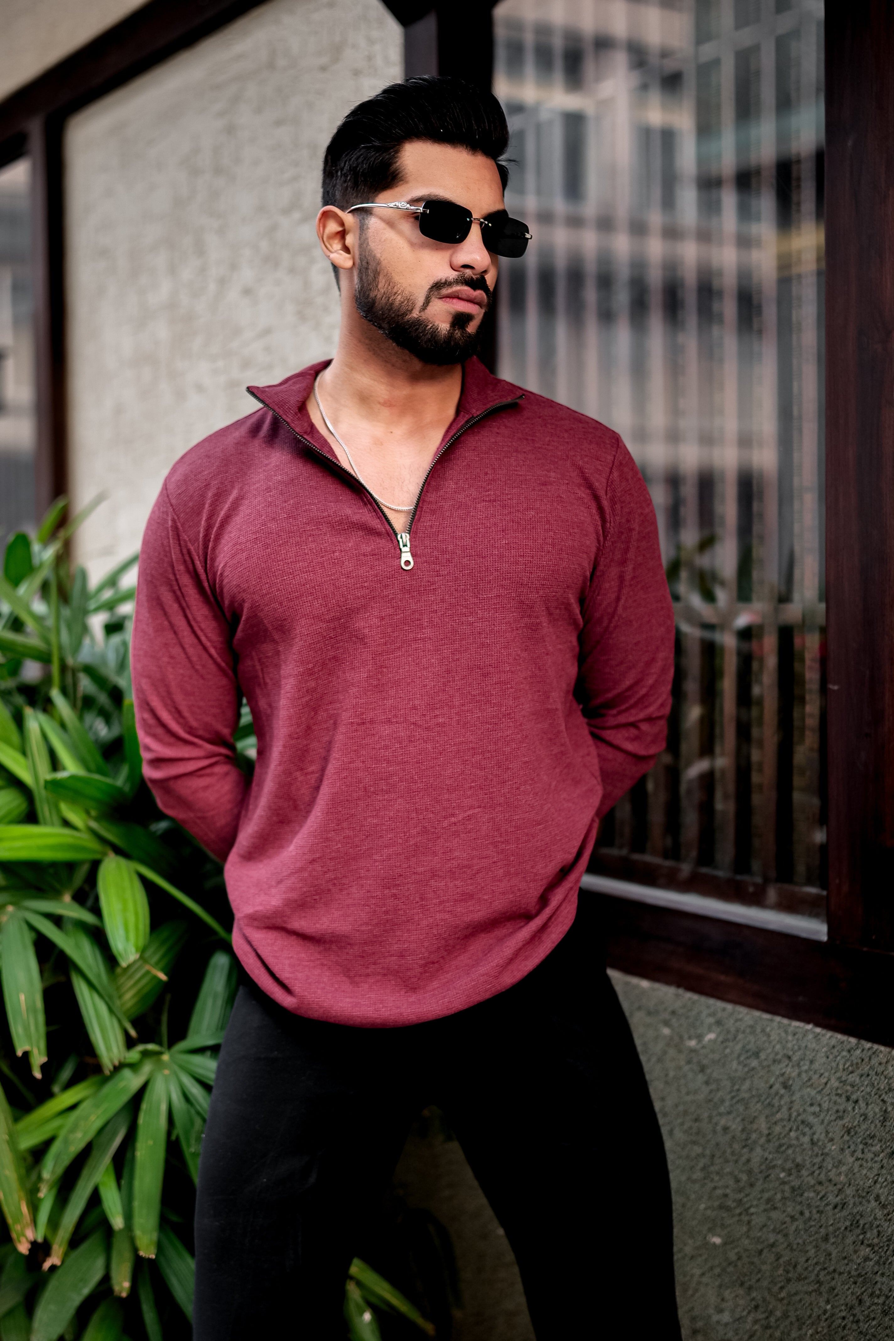 Maroon Self Design Waffle Knit Zipper T-Shirt