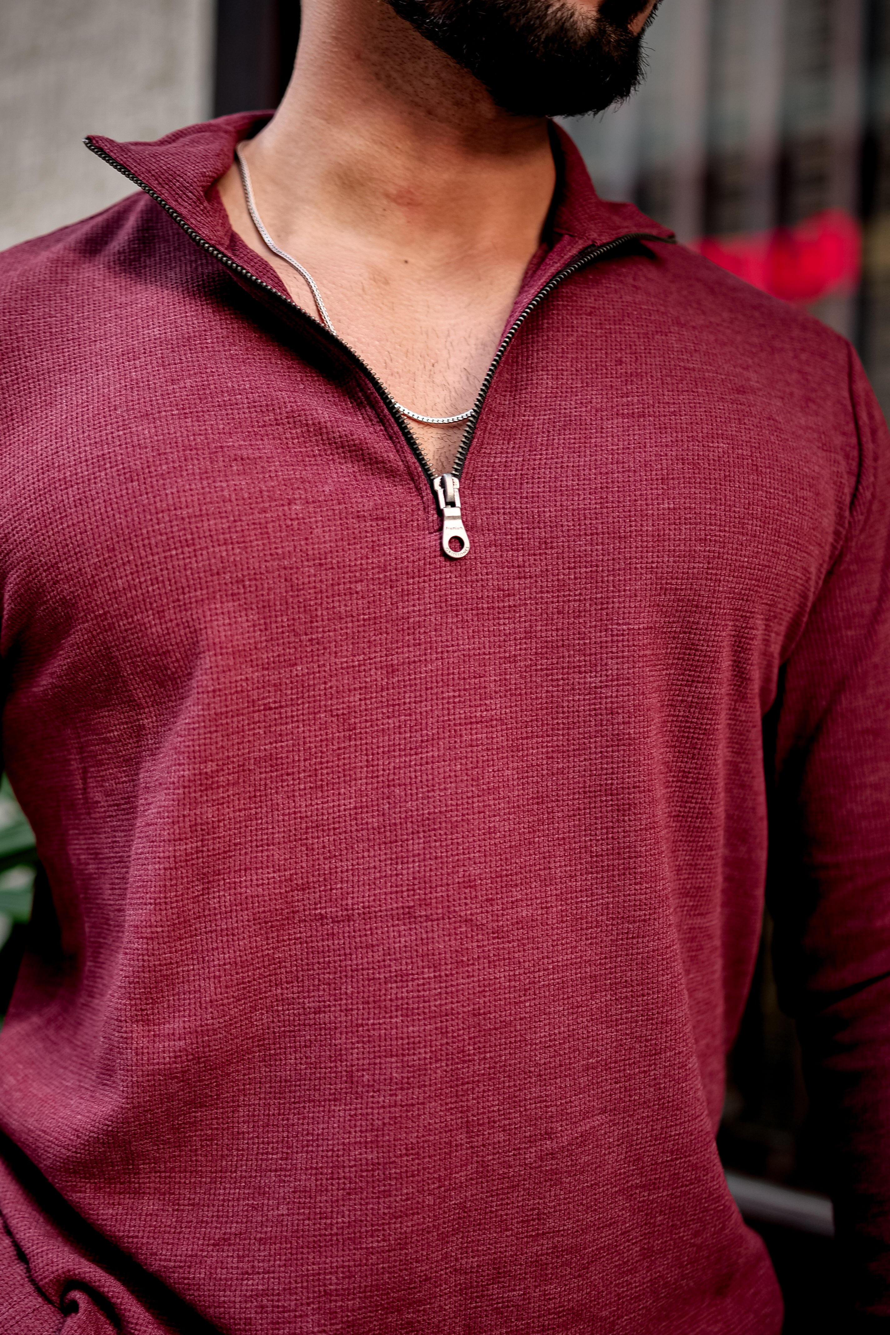 Maroon Self Design Waffle Knit Zipper T-Shirt