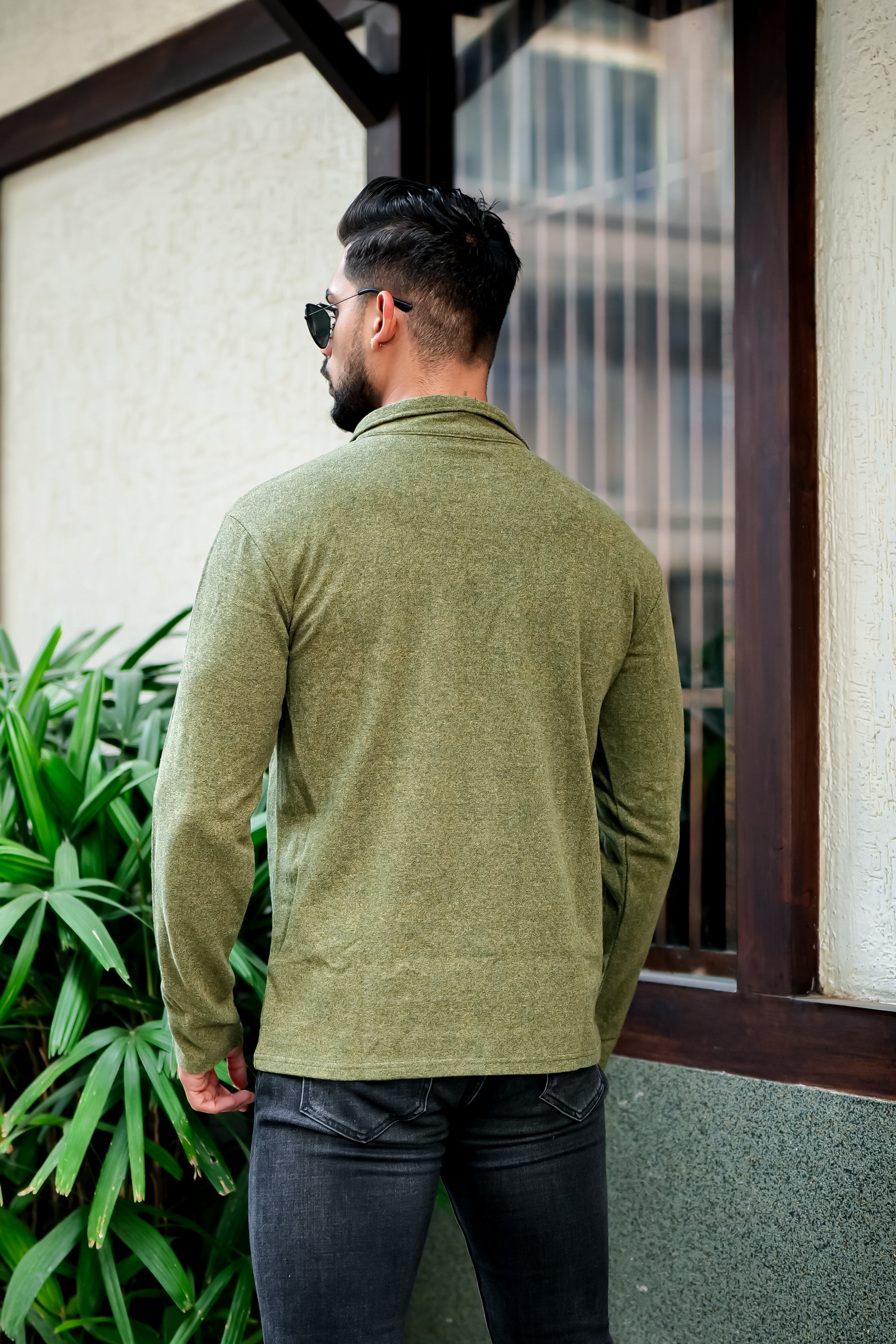 Olive Self Design Zipper T-Shirt