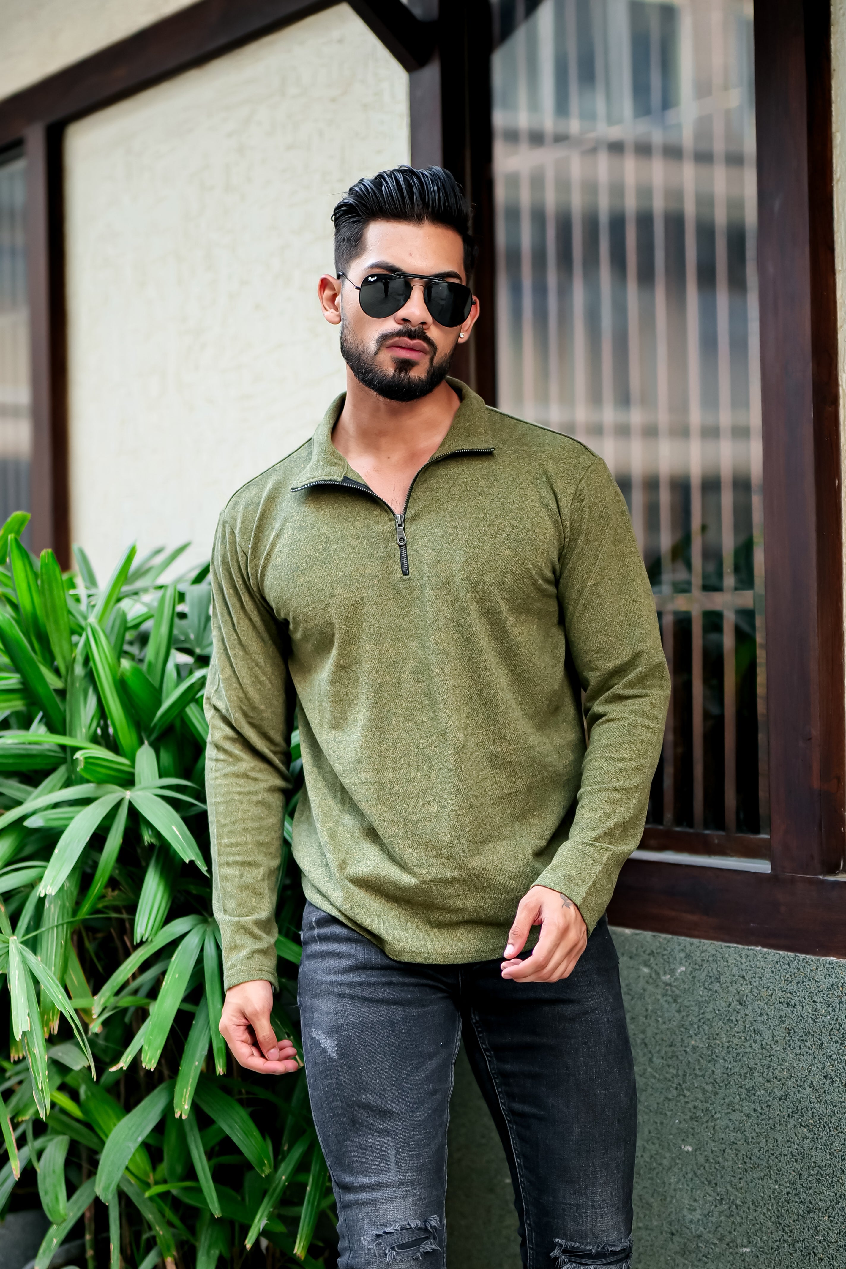 Olive Self Design Zipper T-Shirt