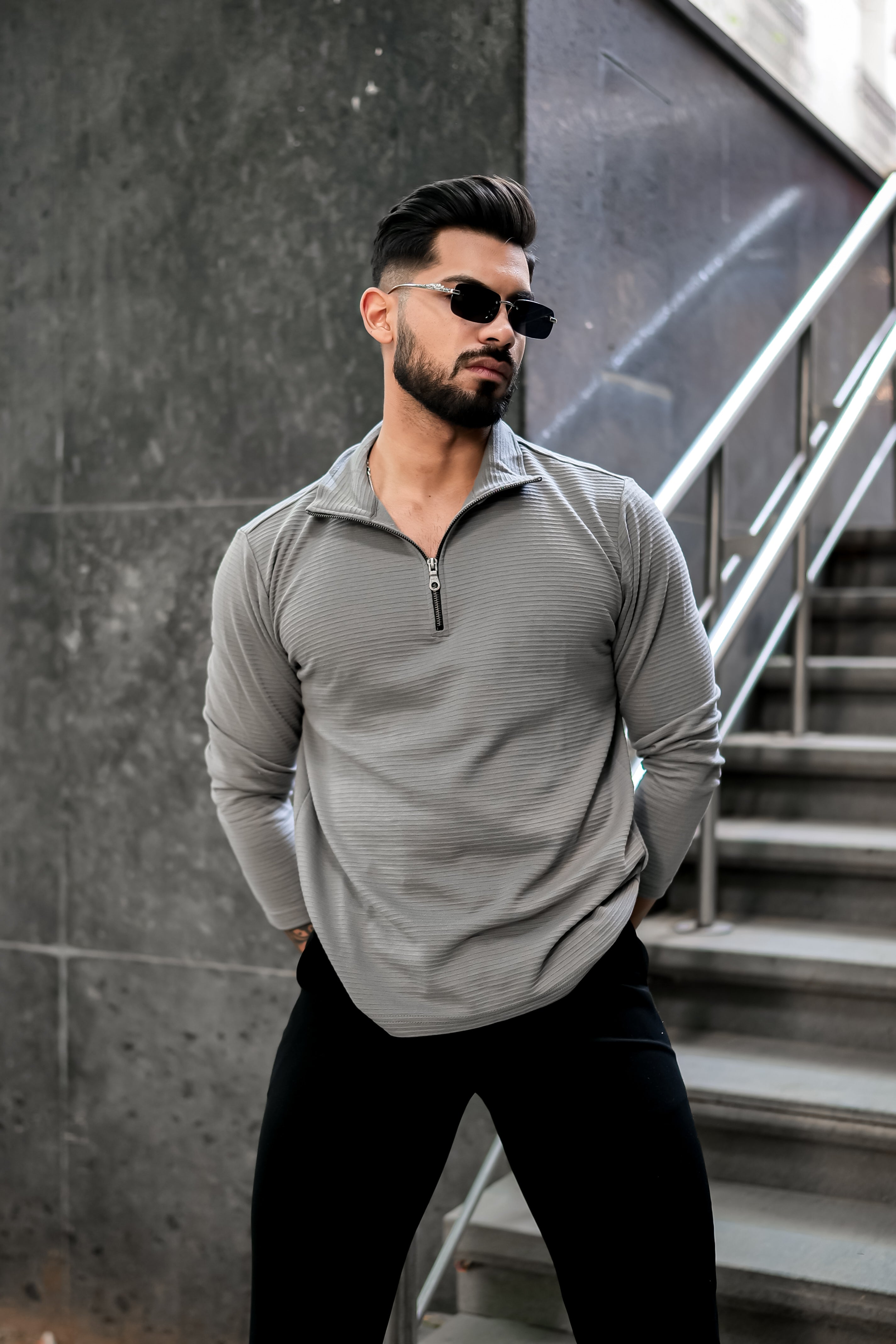 Grey Self Design Zipper T-Shirt