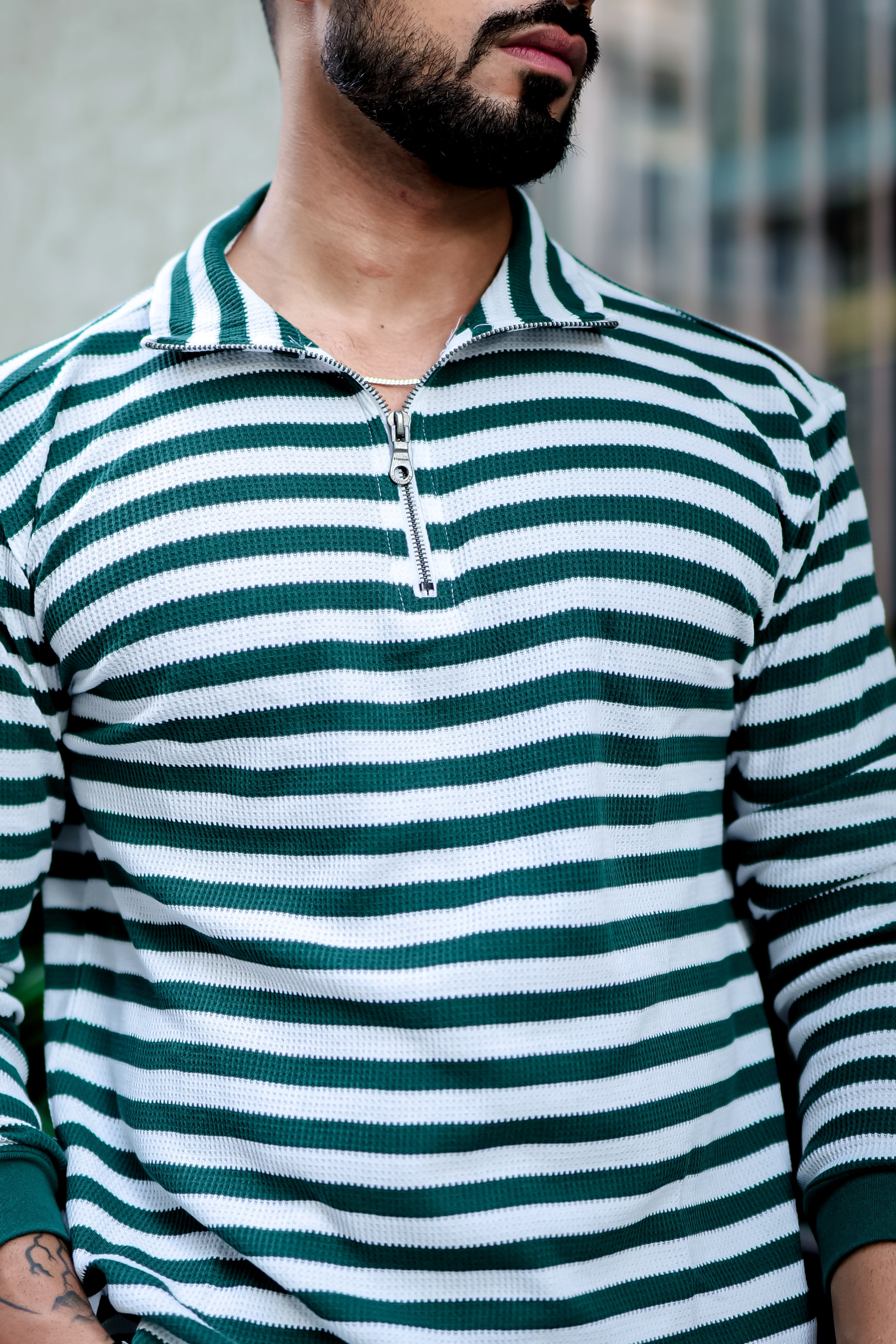 Green Stripe Self Design Zipper T-Shirt