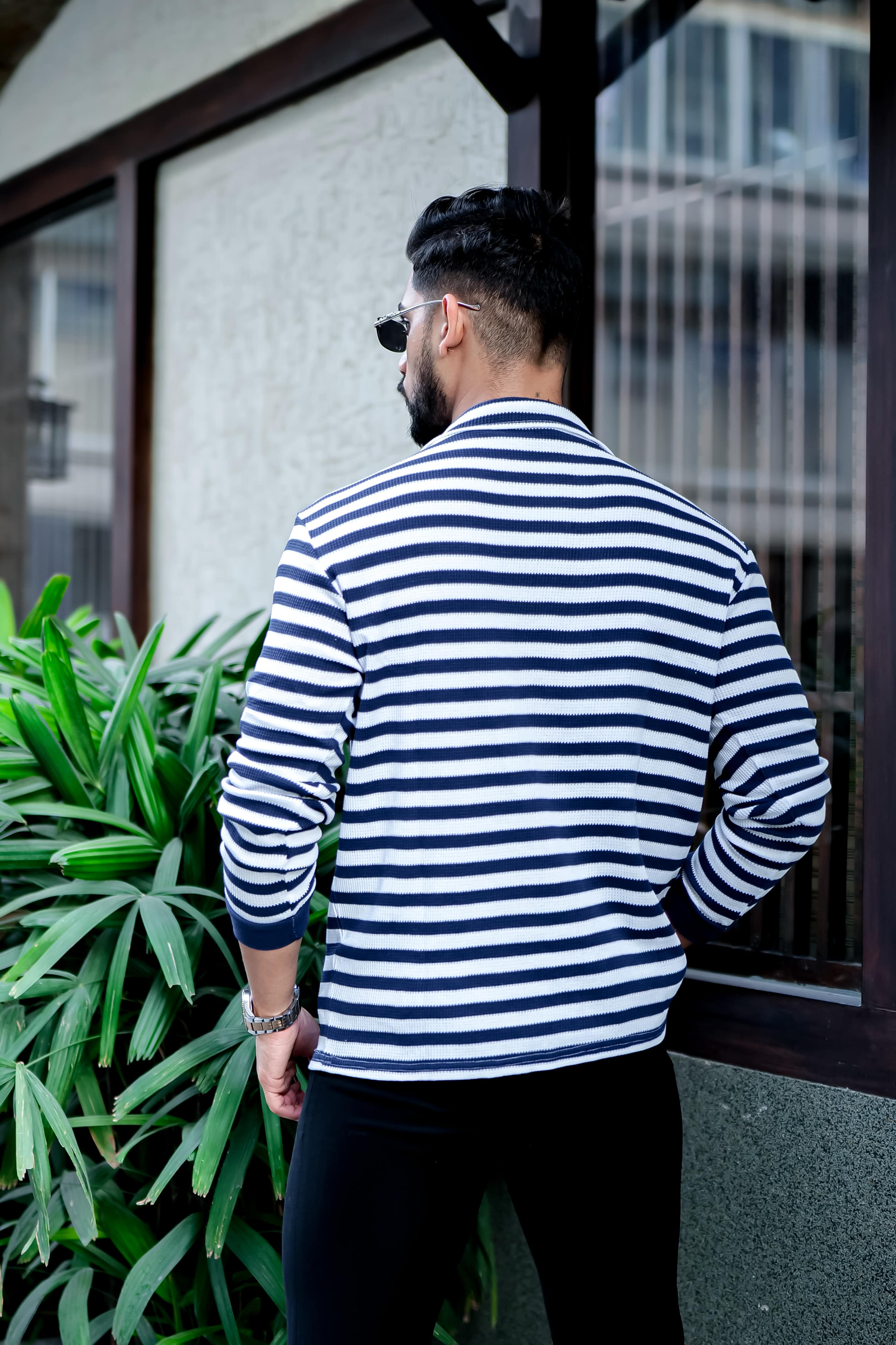 Navy Stripe Self Design Zipper T-Shirt