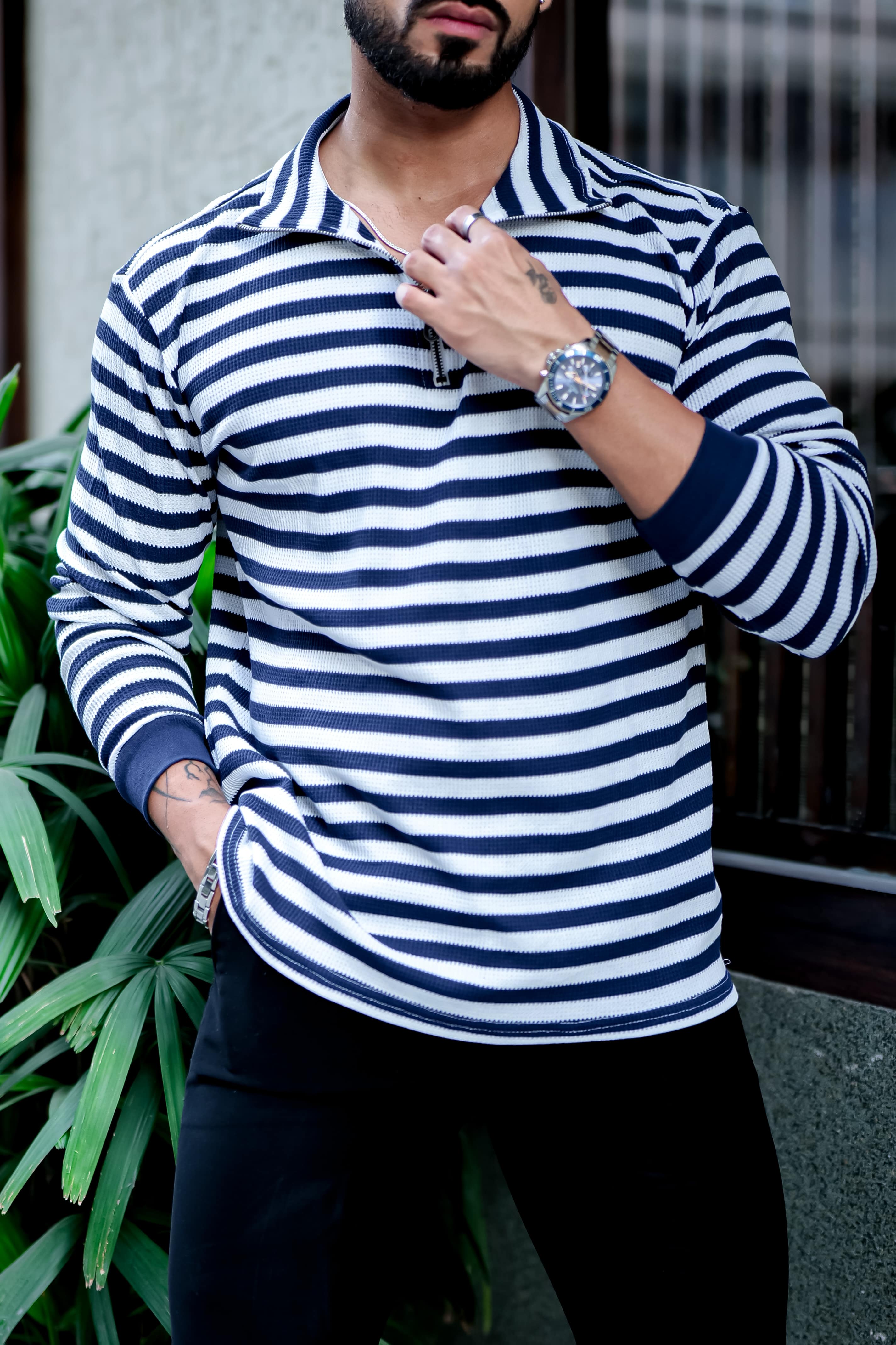 Navy Stripe Self Design Zipper T-Shirt