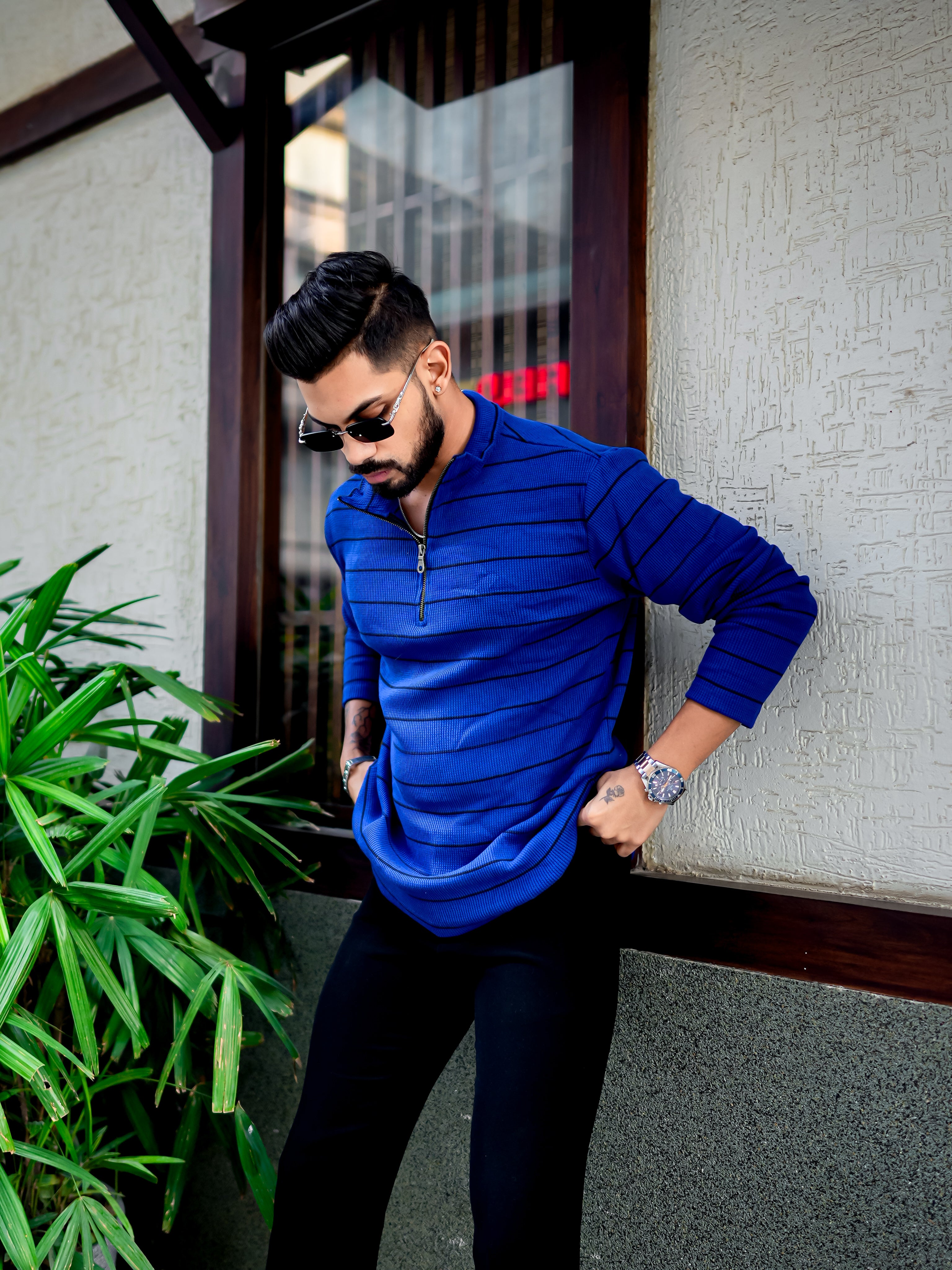 Royal Blue Ribbed Zipper T-Shirt