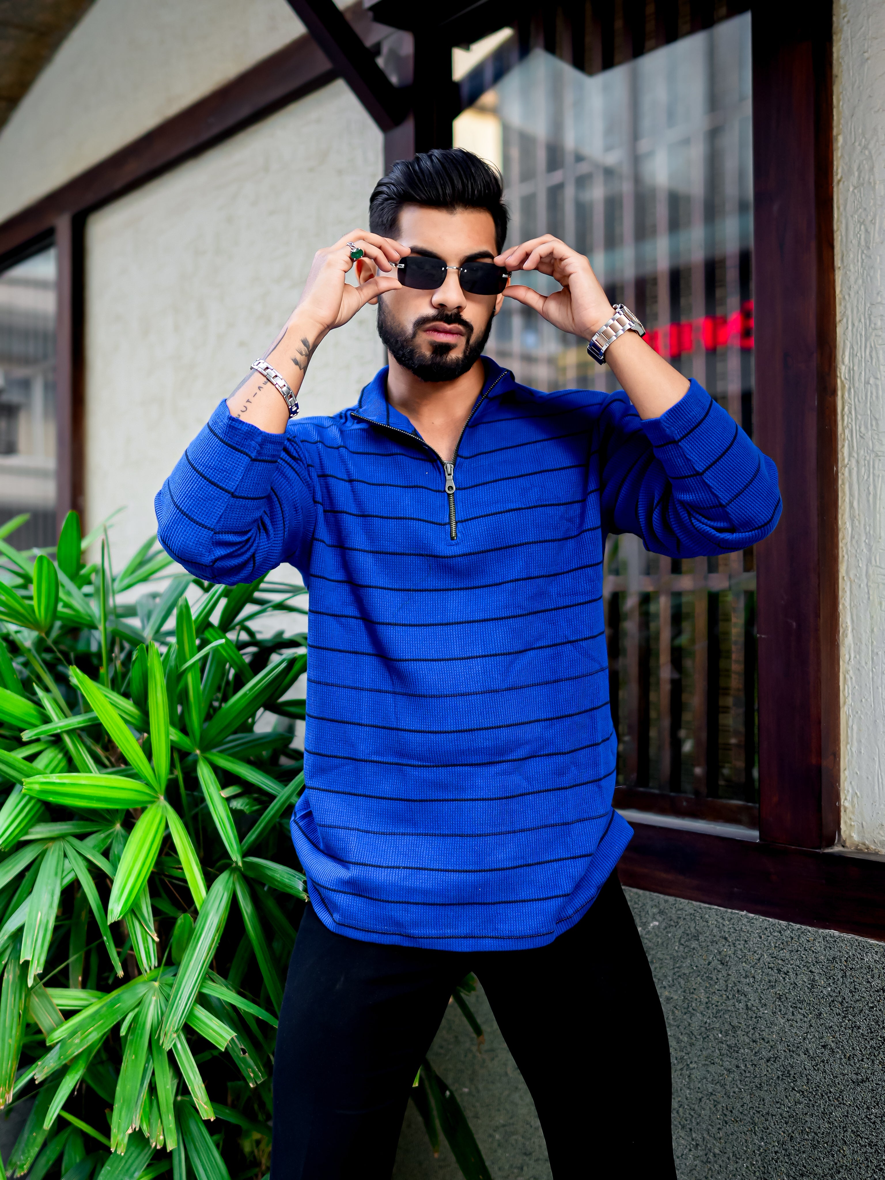 Royal Blue Ribbed Zipper T-Shirt