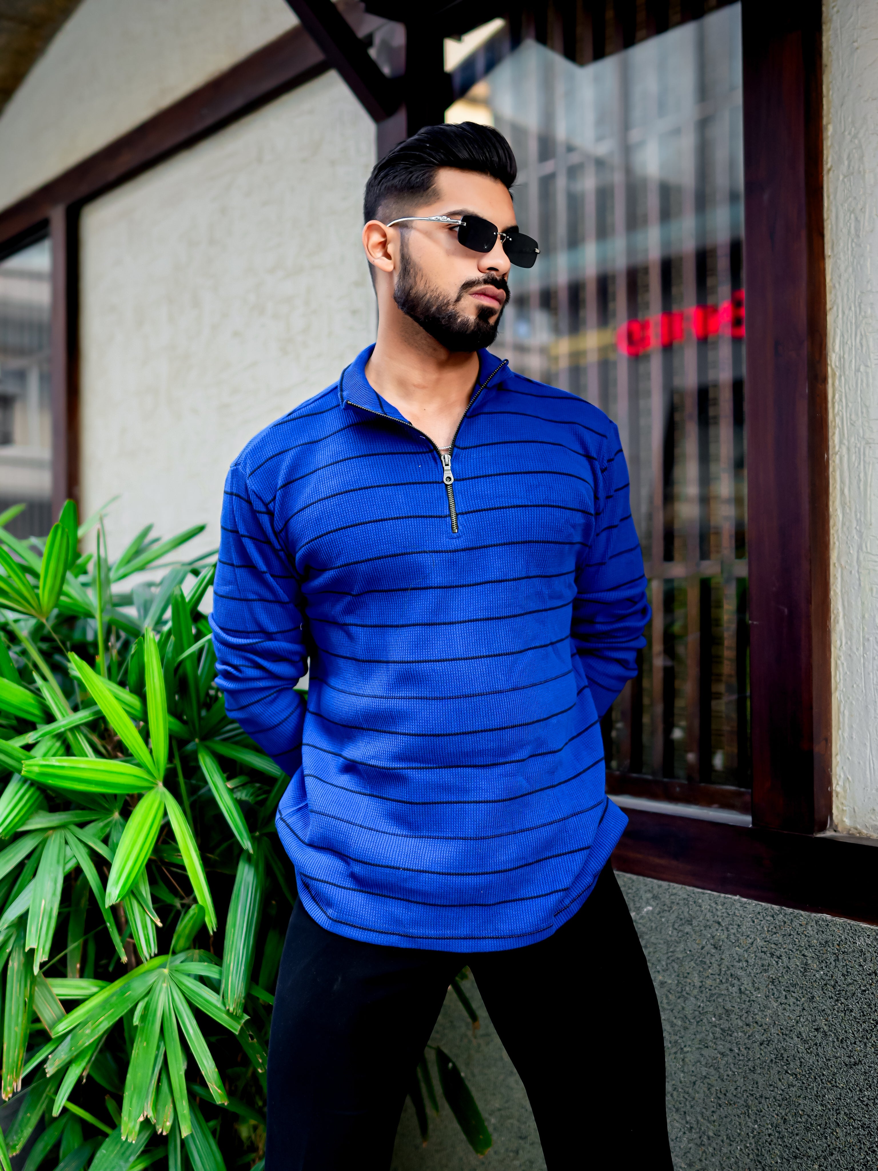 Royal Blue Ribbed Zipper T-Shirt