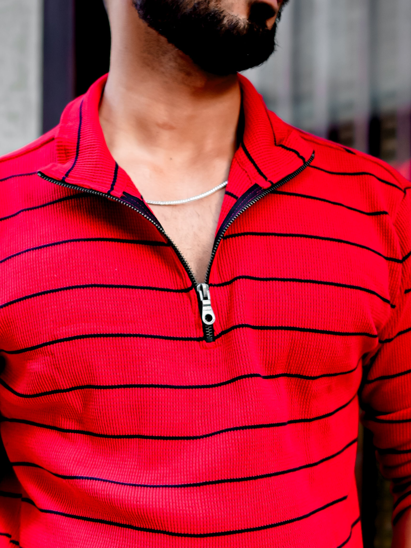 Red Ribbed Zipper T-Shirt