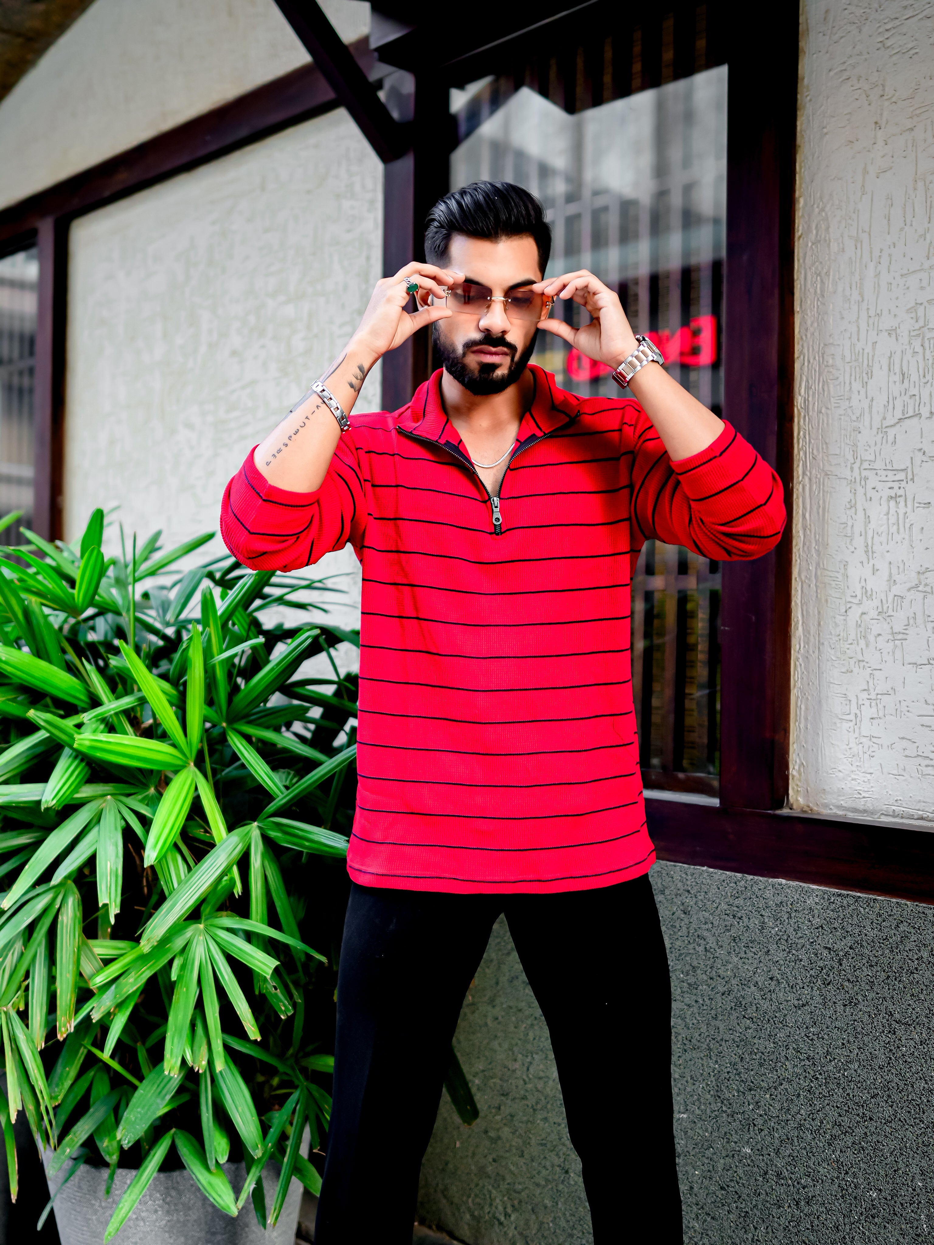 Red Ribbed Zipper T-Shirt