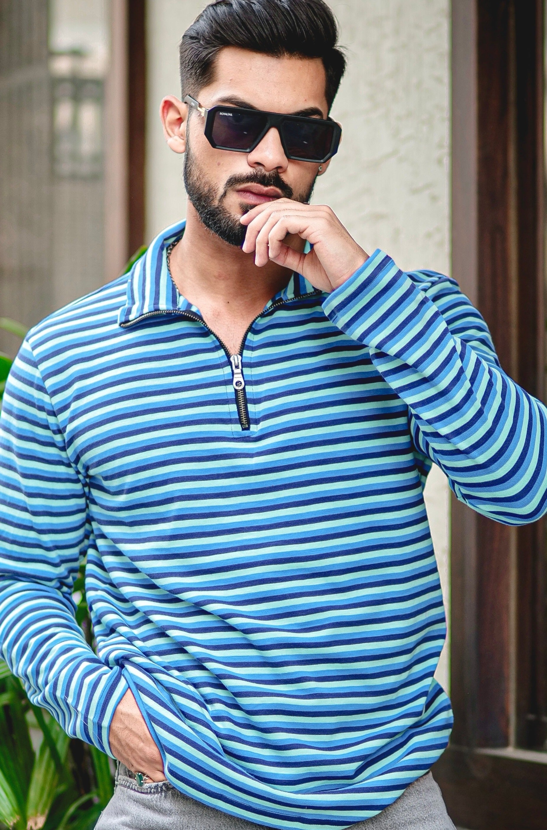 Turquoise Blue Stripe Zipper T-Shirt