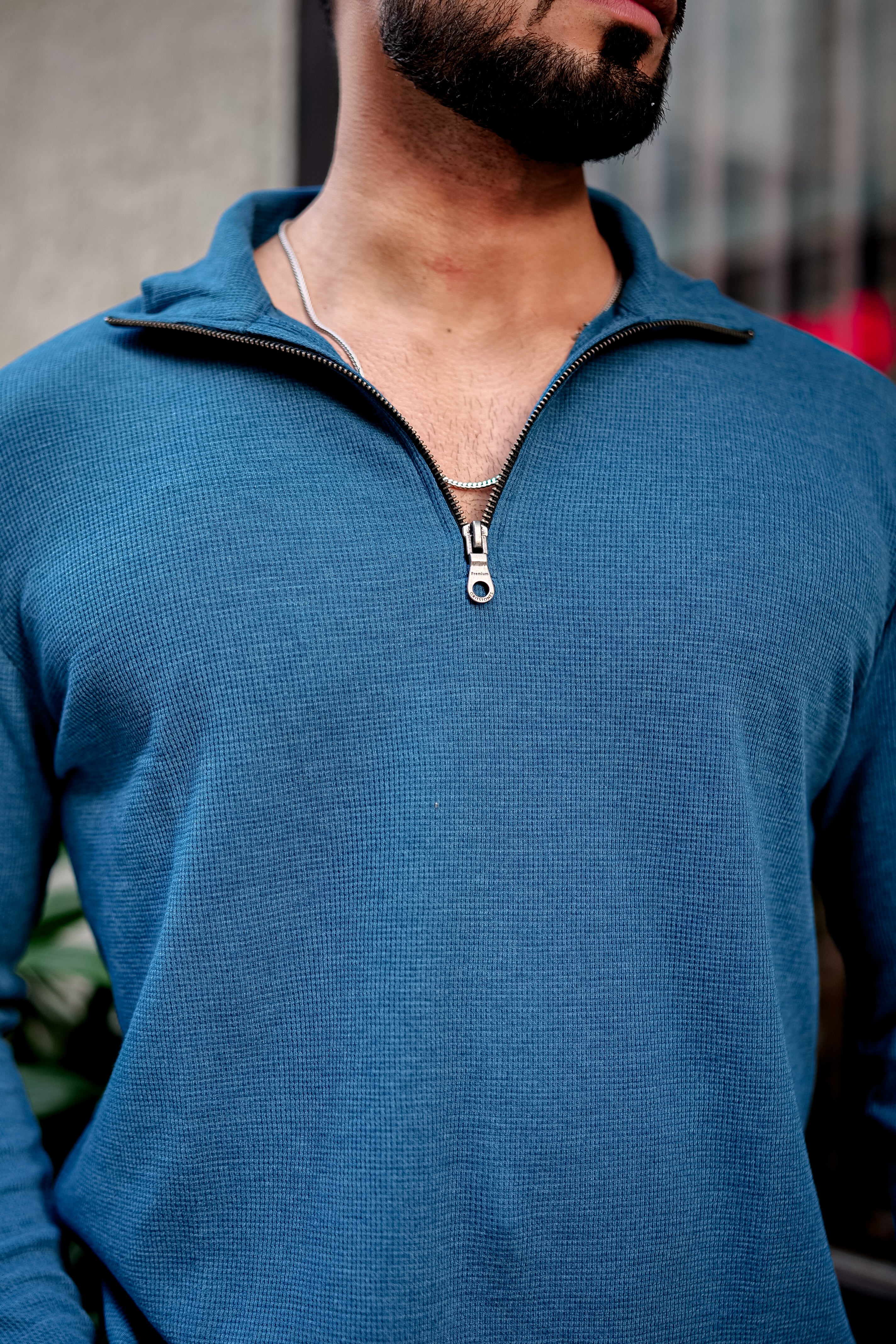 Turquoise Blue Self Design Placket T-Shirt