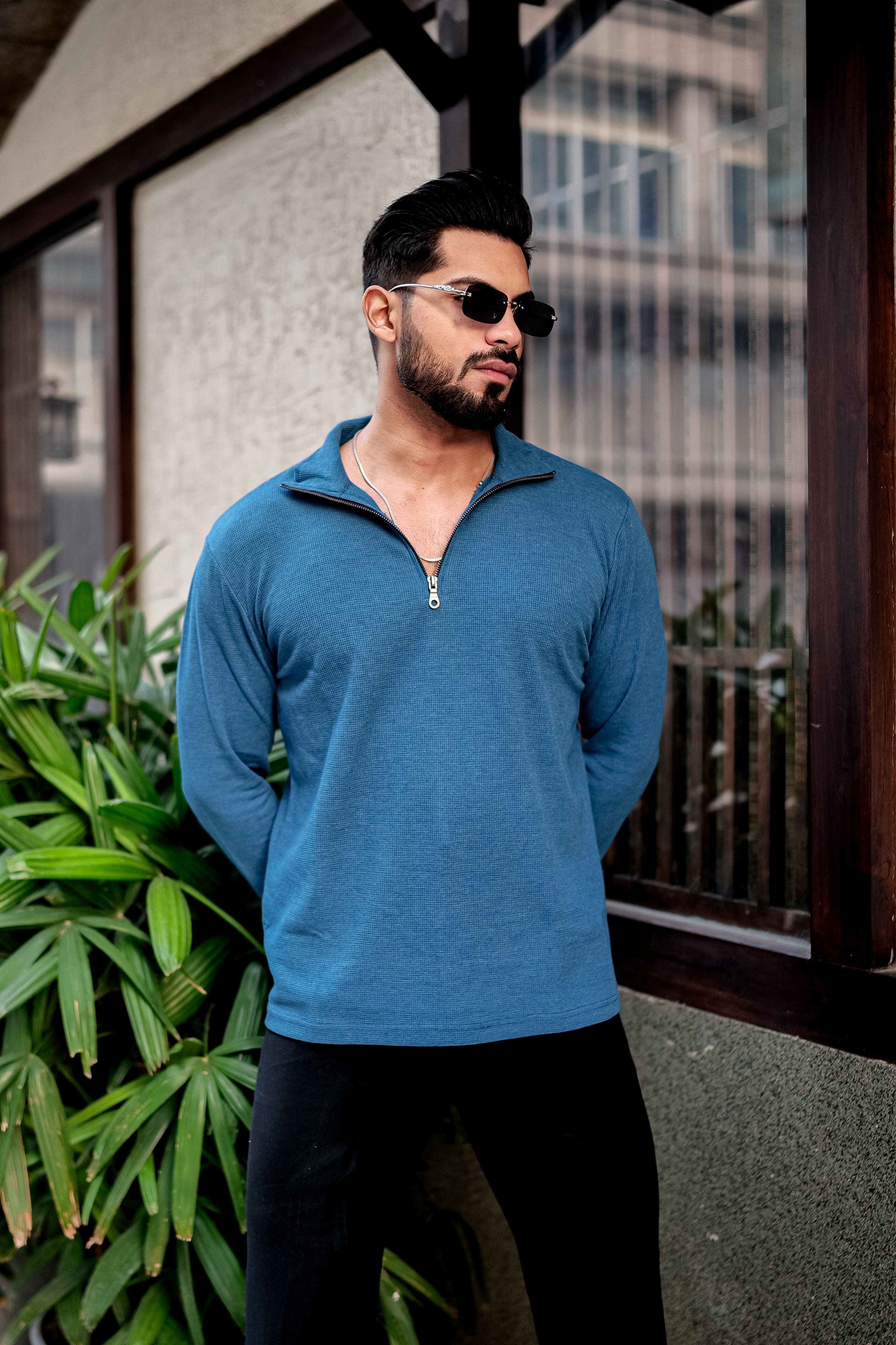 Turquoise Blue Self Design Placket T-Shirt