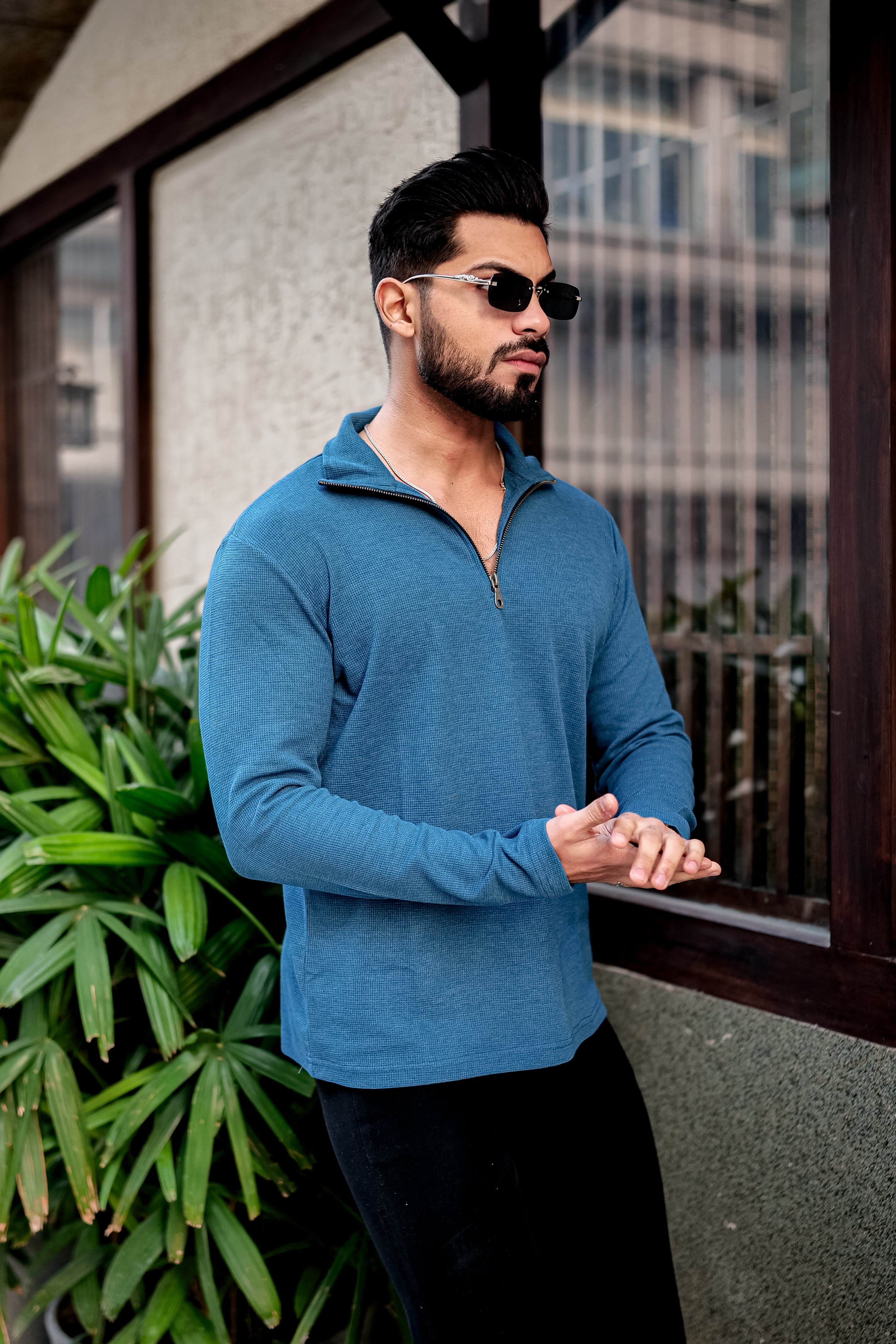 Turquoise Blue Self Design Placket T-Shirt