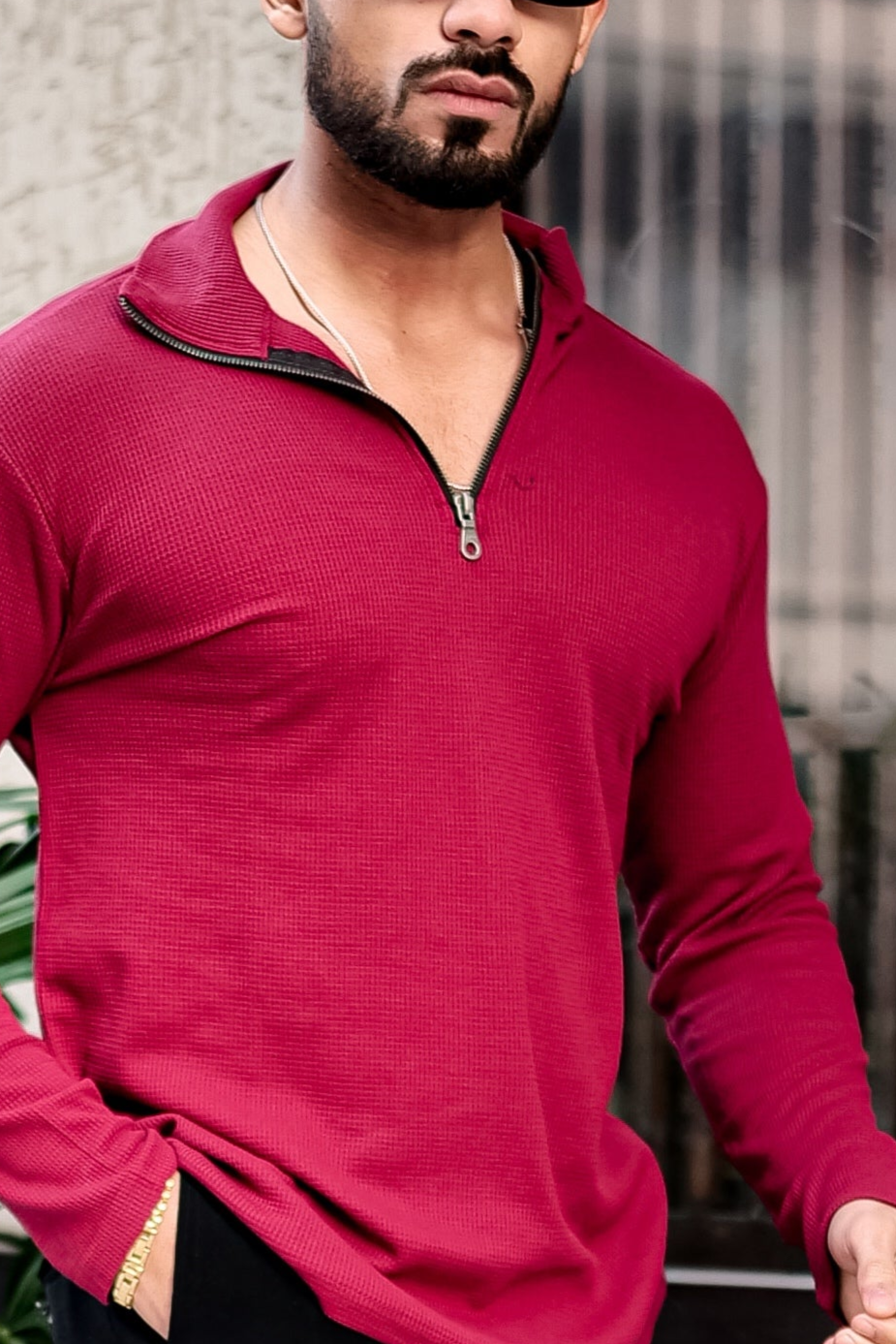 Maroon Waffle Zipper T-Shirt