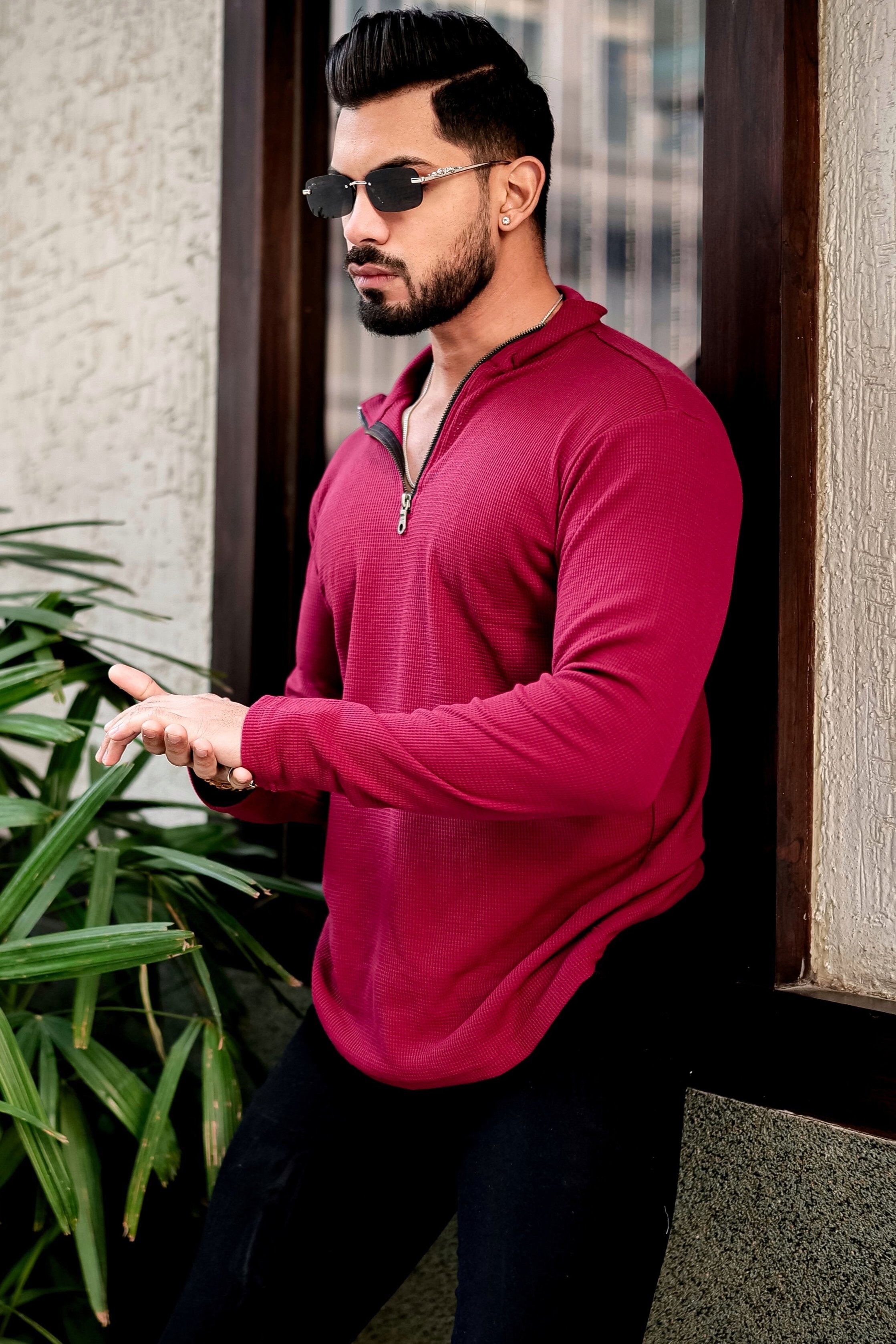 Maroon Waffle Zipper T-Shirt