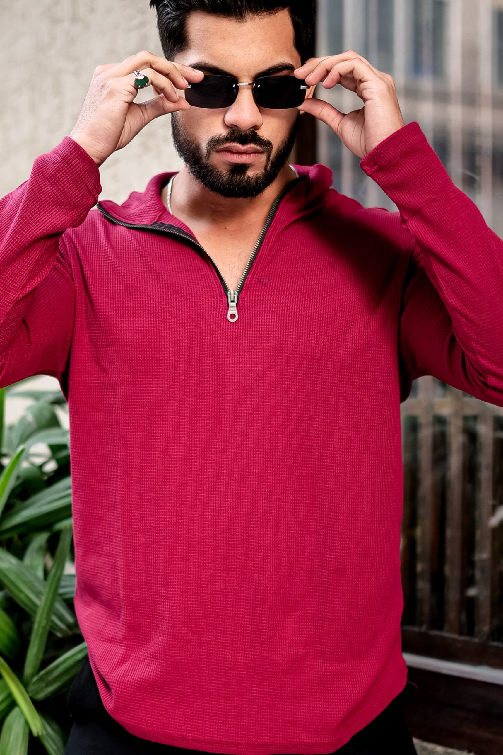 Maroon Waffle Zipper T-Shirt