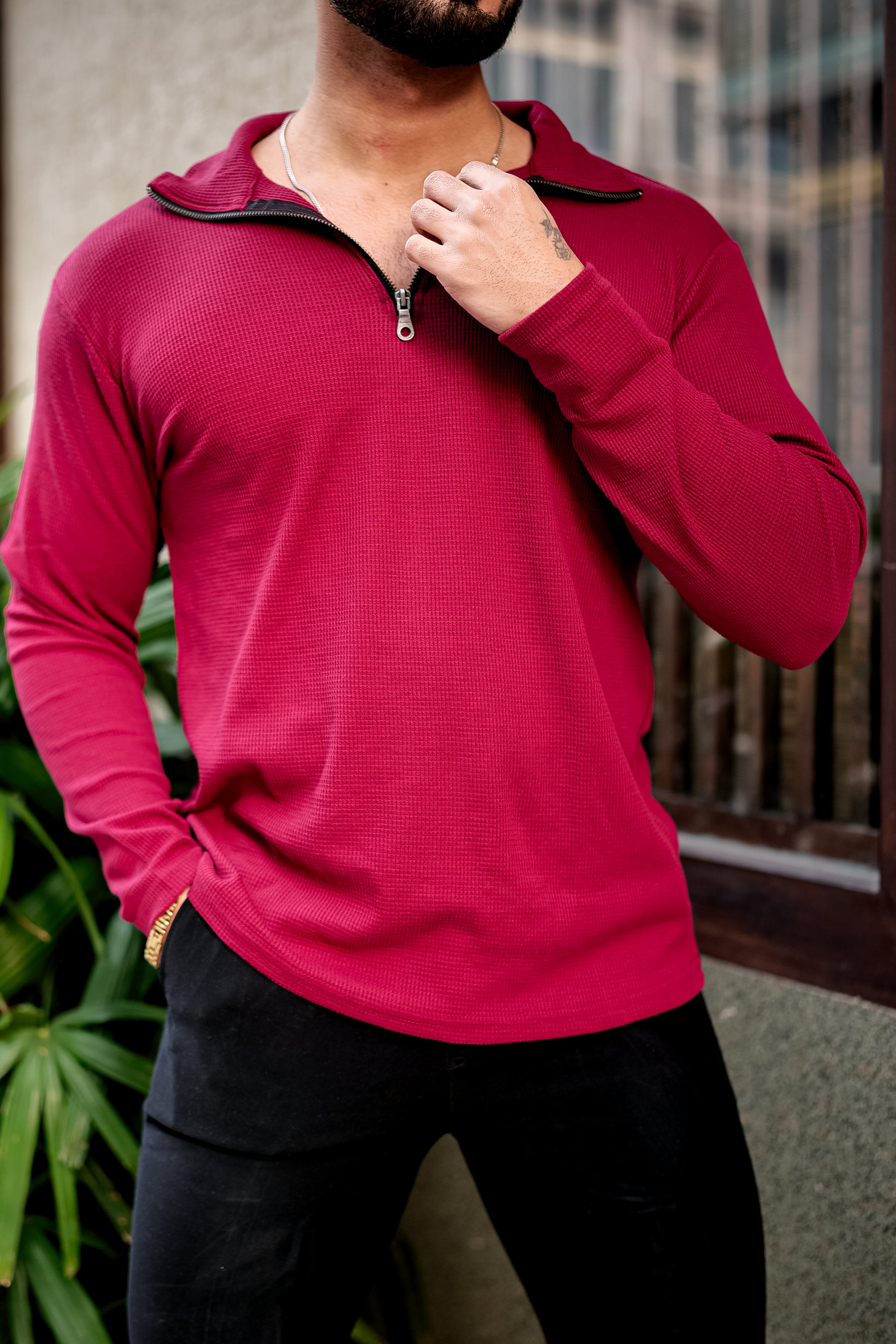 Maroon Waffle Zipper T-Shirt