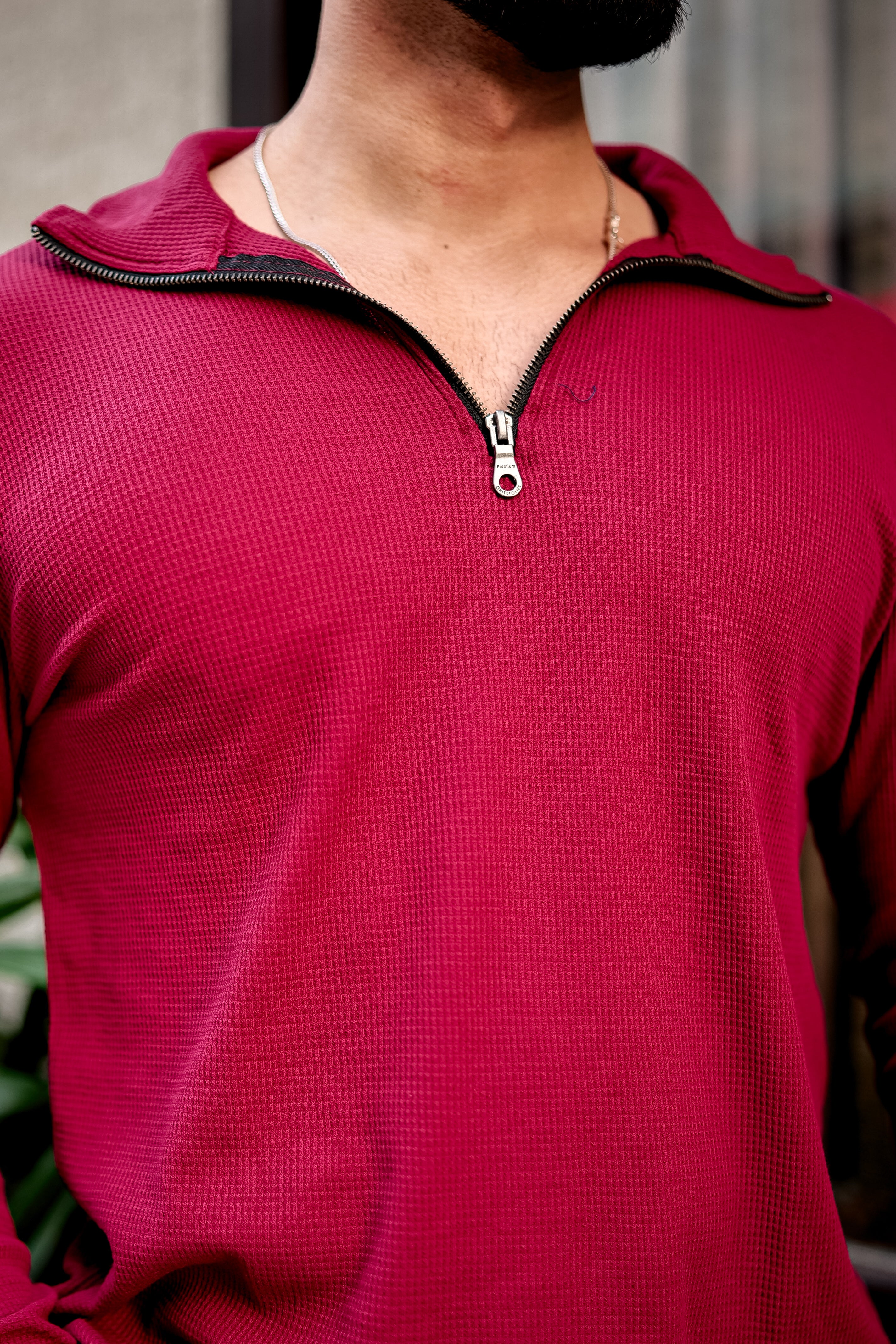 Maroon Waffle Zipper T-Shirt