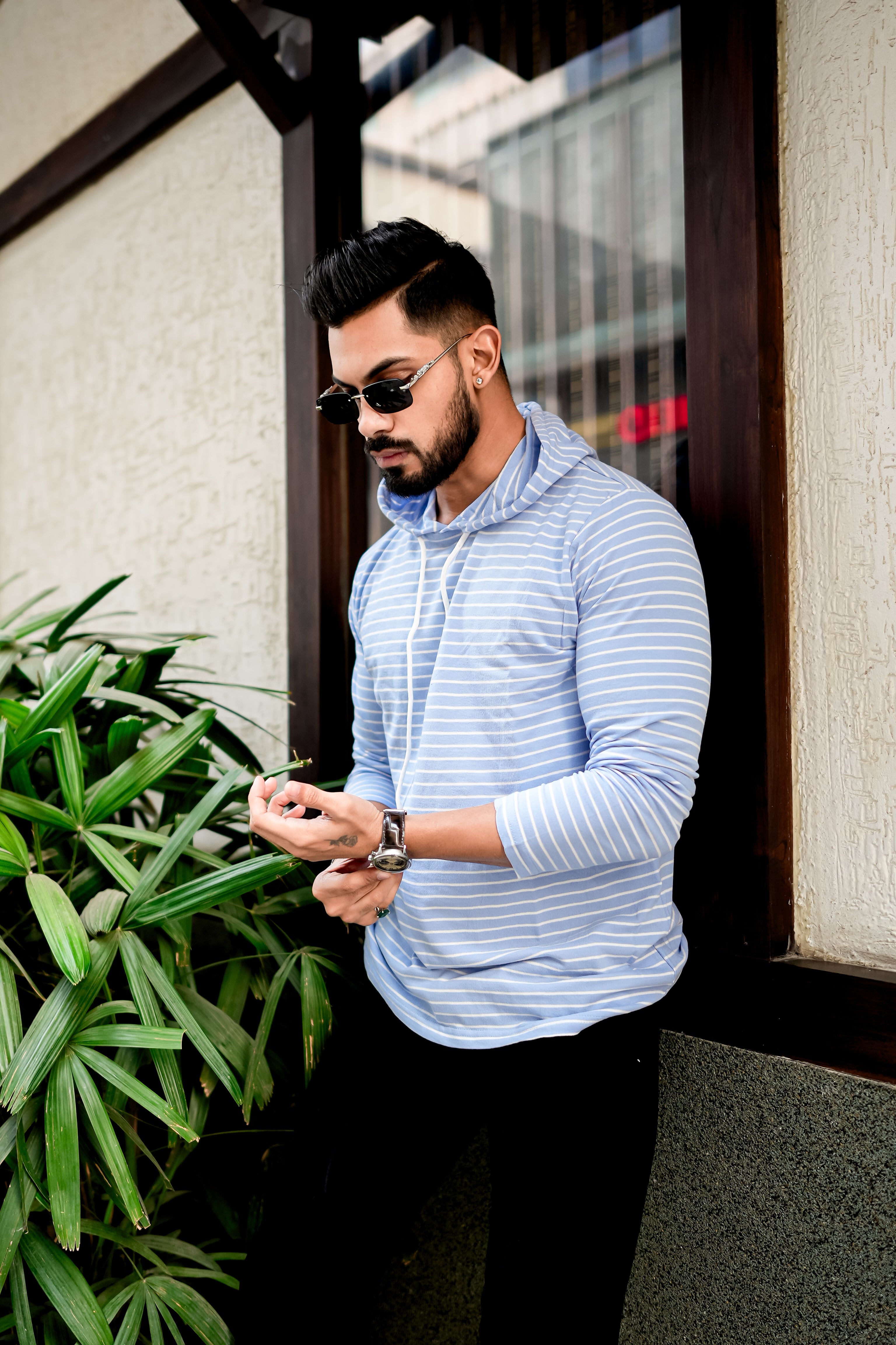 Blue White Striper Hooded T-Shirt