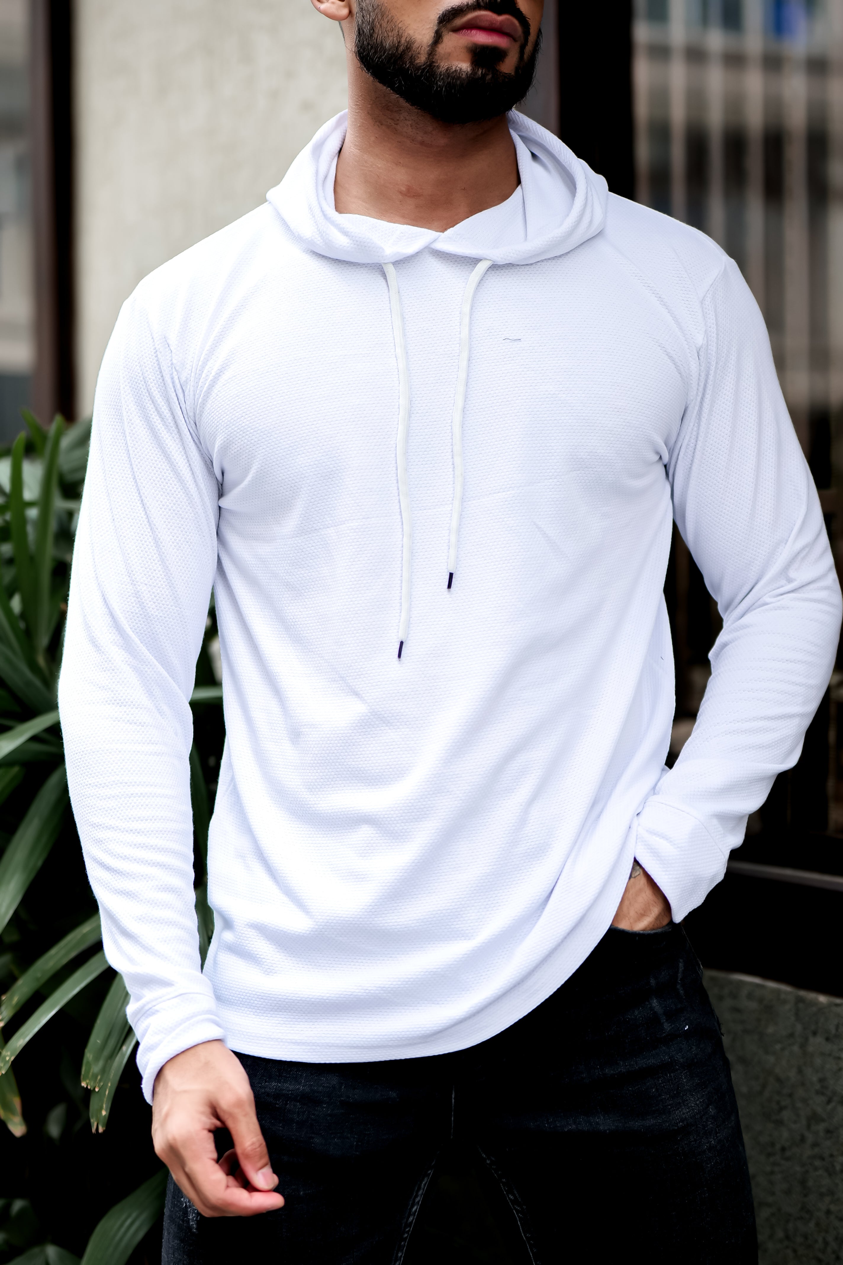 White Self Design Hooded Neck T-Shirt