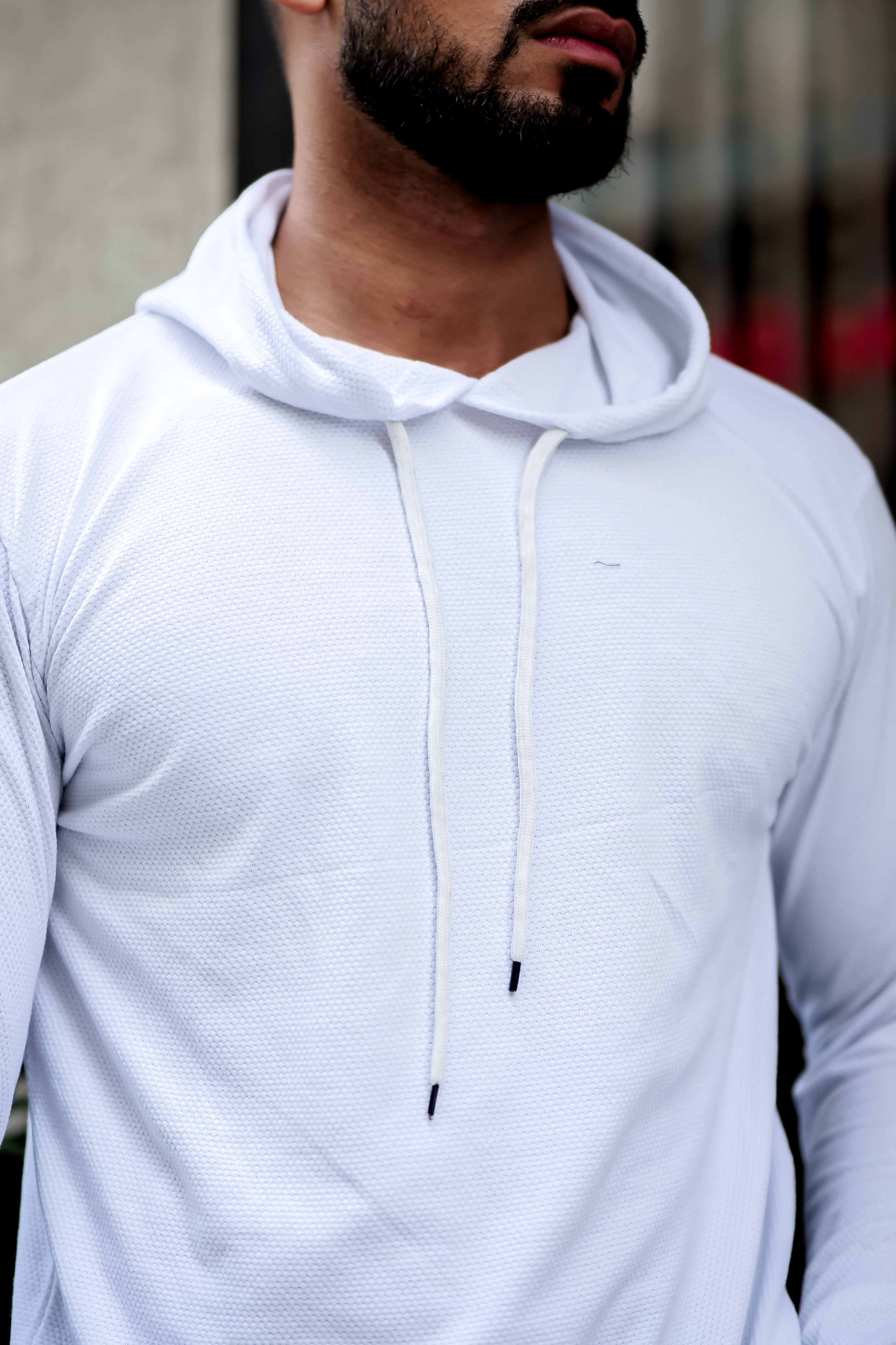 White Self Design Hooded Neck T-Shirt