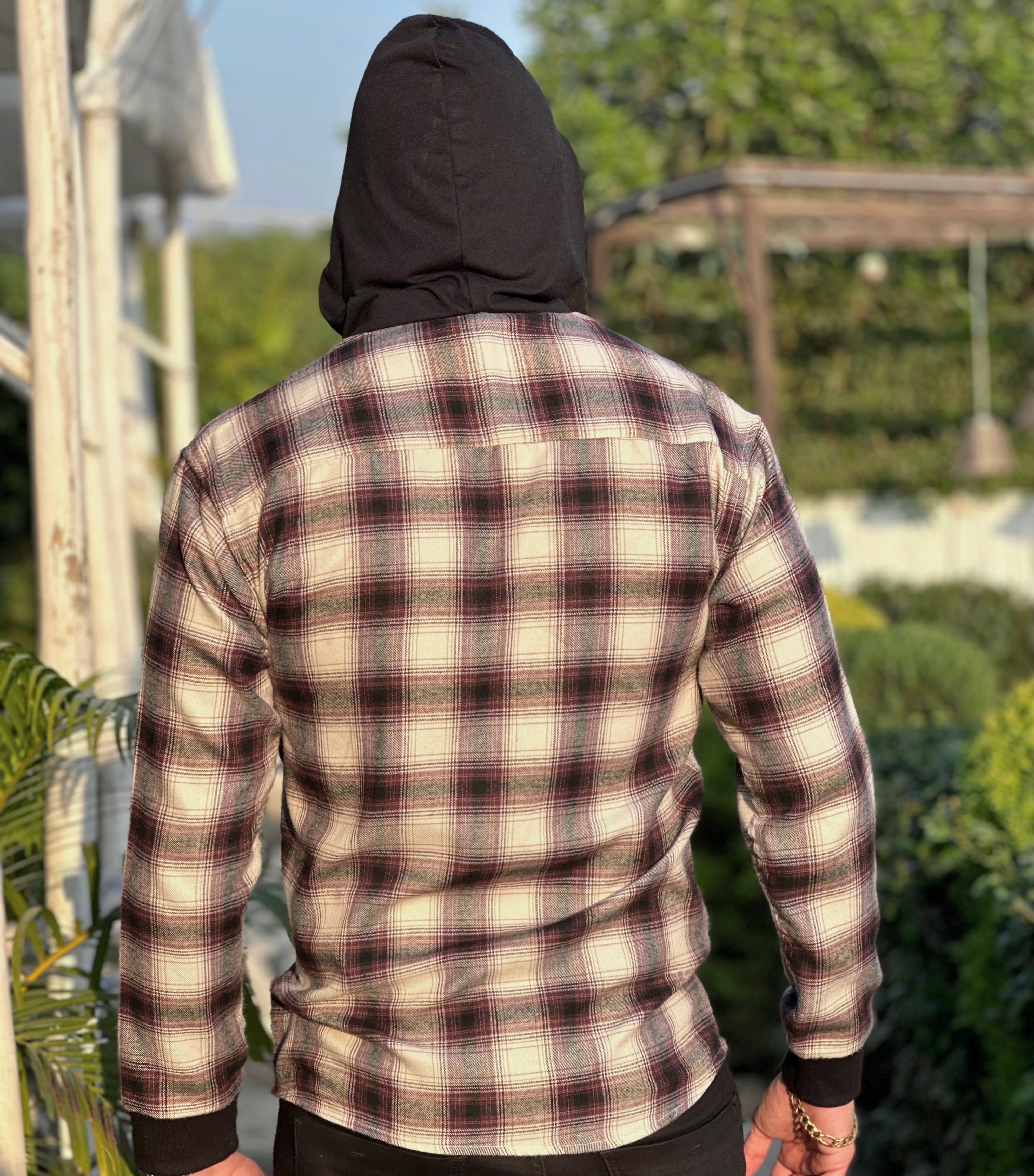 Brushed  Black Maroon Hooded Flannel Shirt