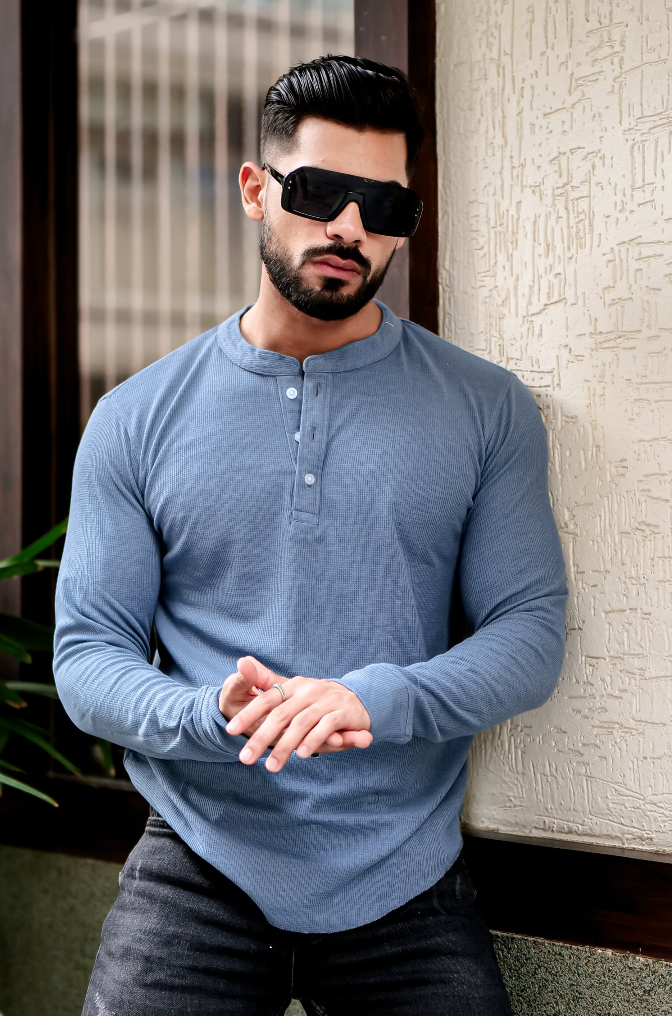 Teal Blue Waffle Knit Henley T-Shirt