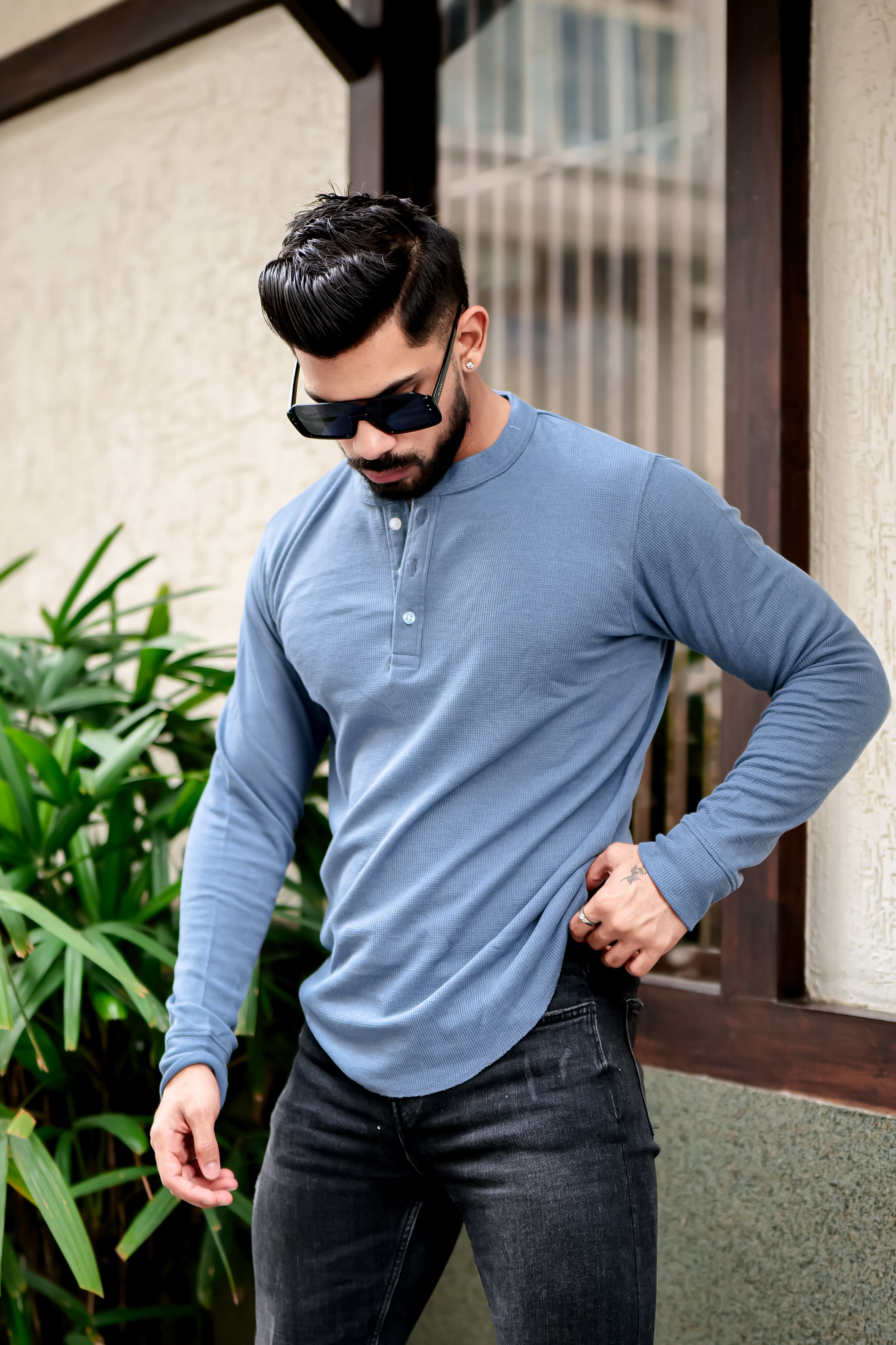 Teal Blue Waffle Knit Henley T-Shirt