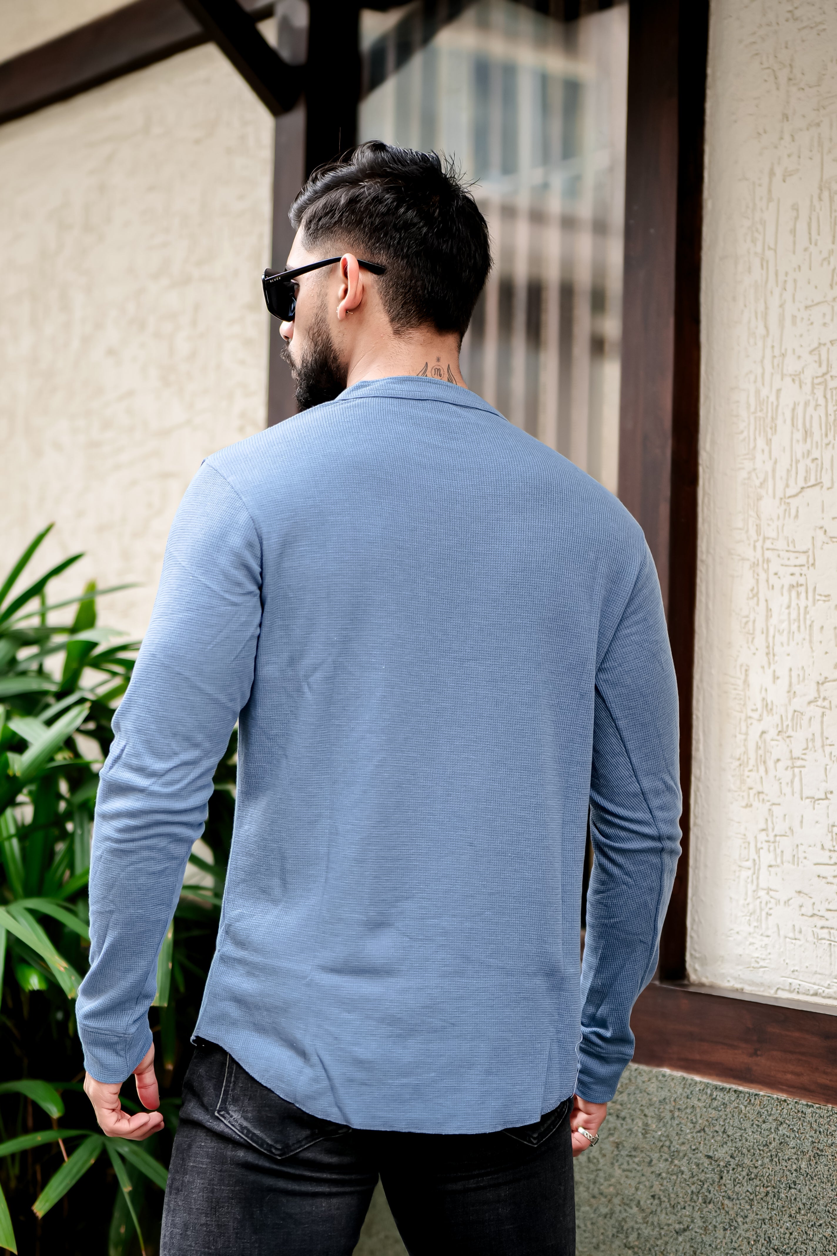 Teal Blue Waffle Knit Henley T-Shirt