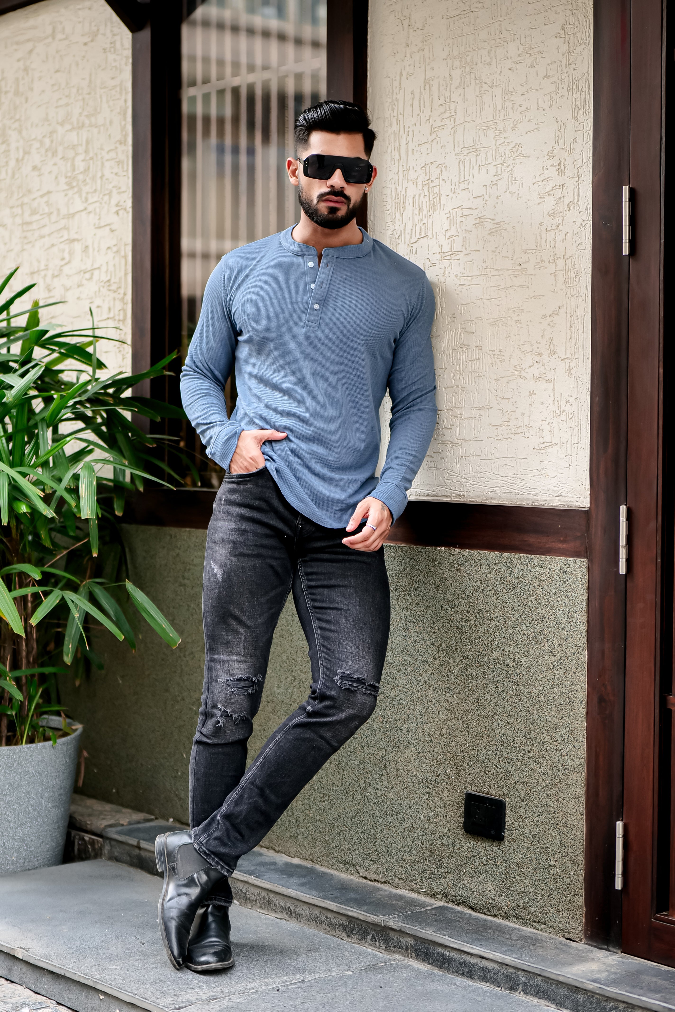 Teal Blue Waffle Knit Henley T-Shirt