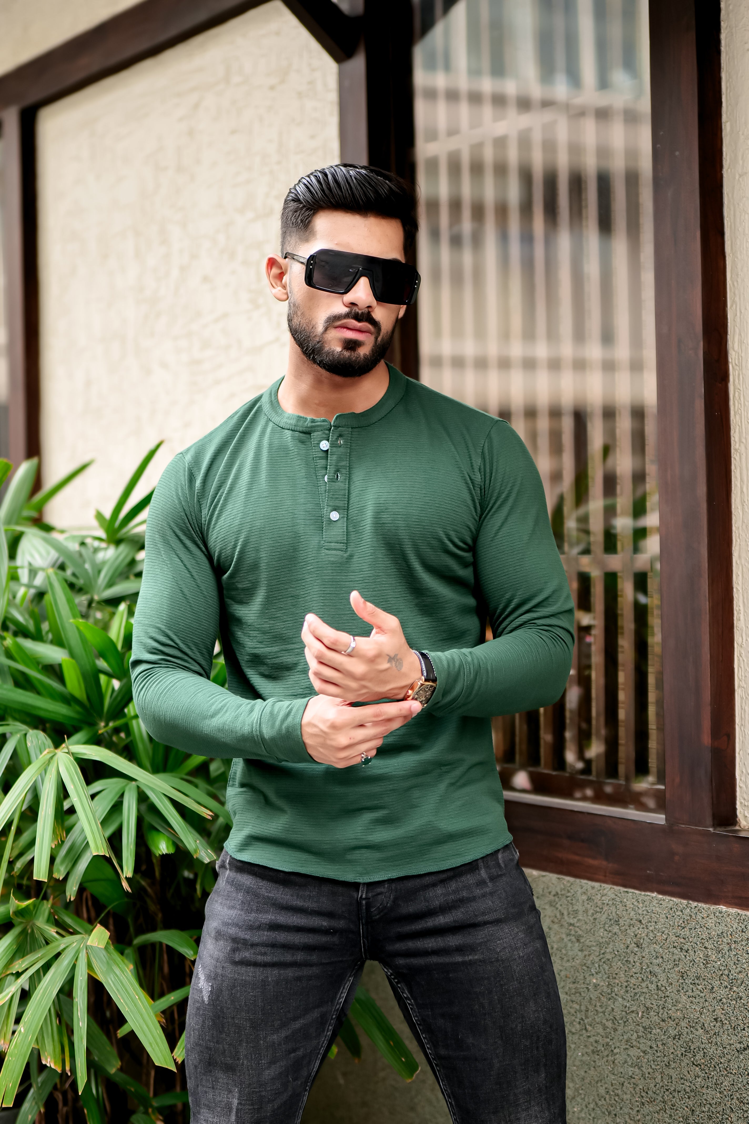 Dark Green Self Design Henely T-Shirt