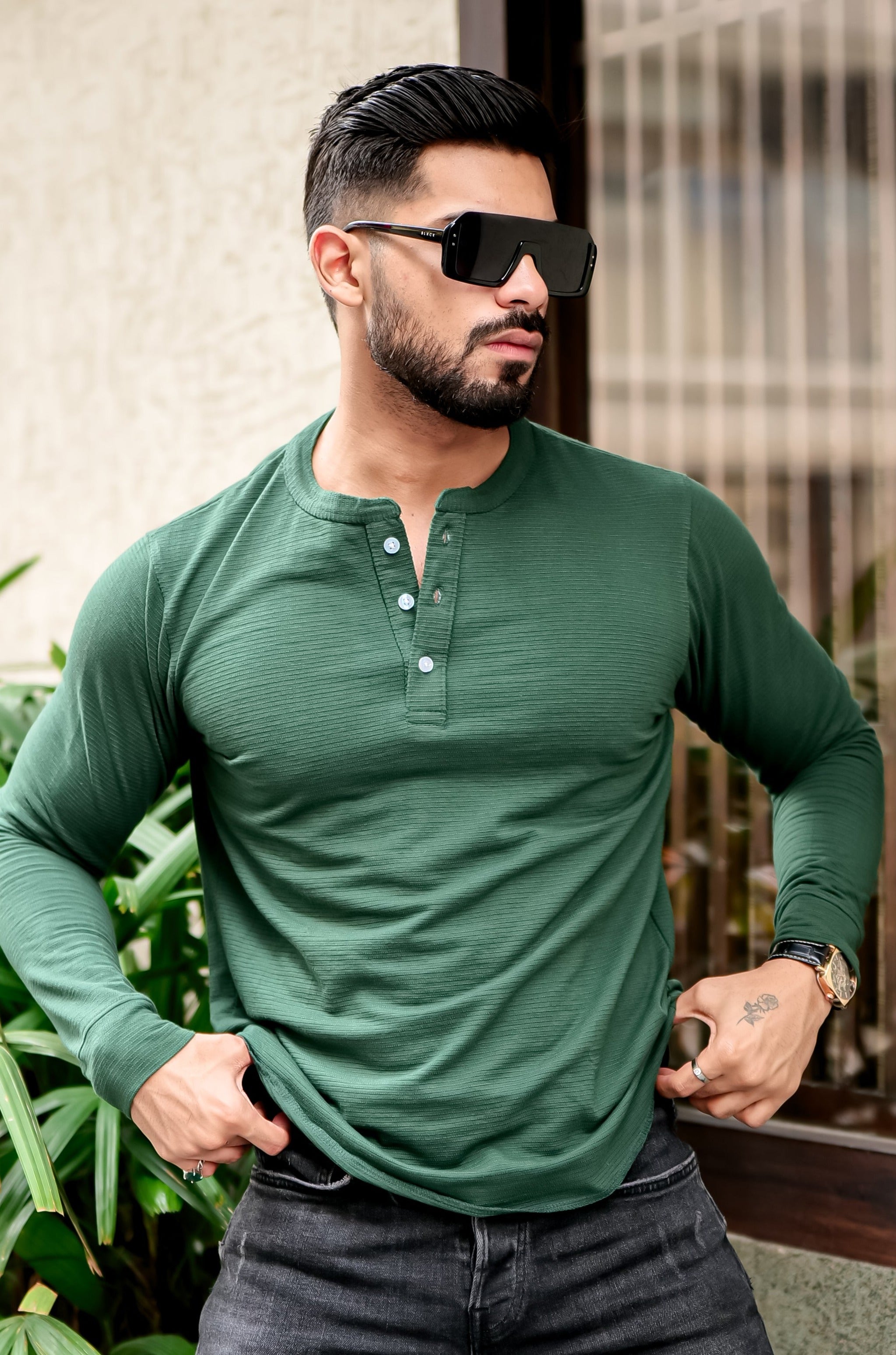 Dark Green Self Design Henely T-Shirt