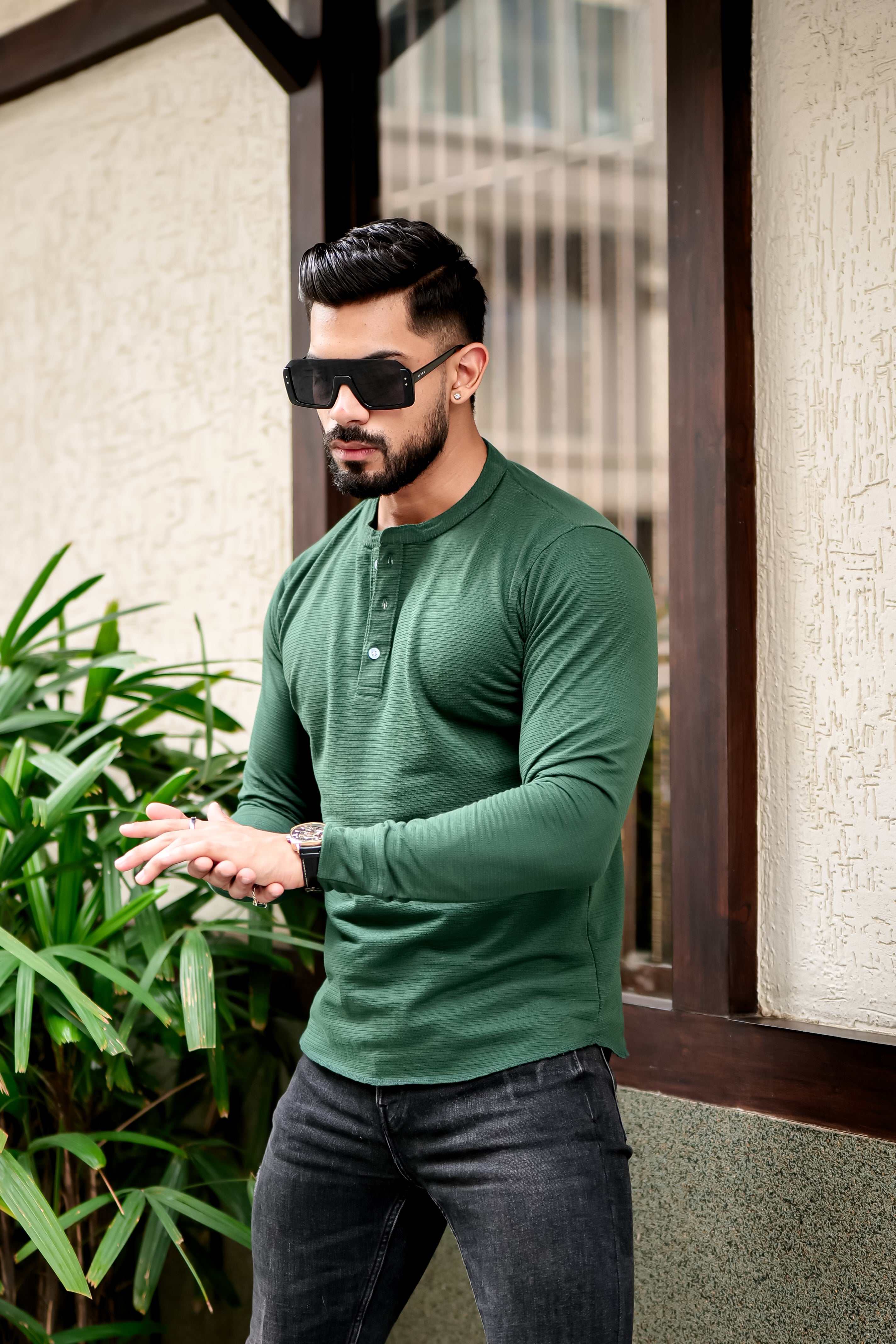 Dark Green Self Design Henely T-Shirt