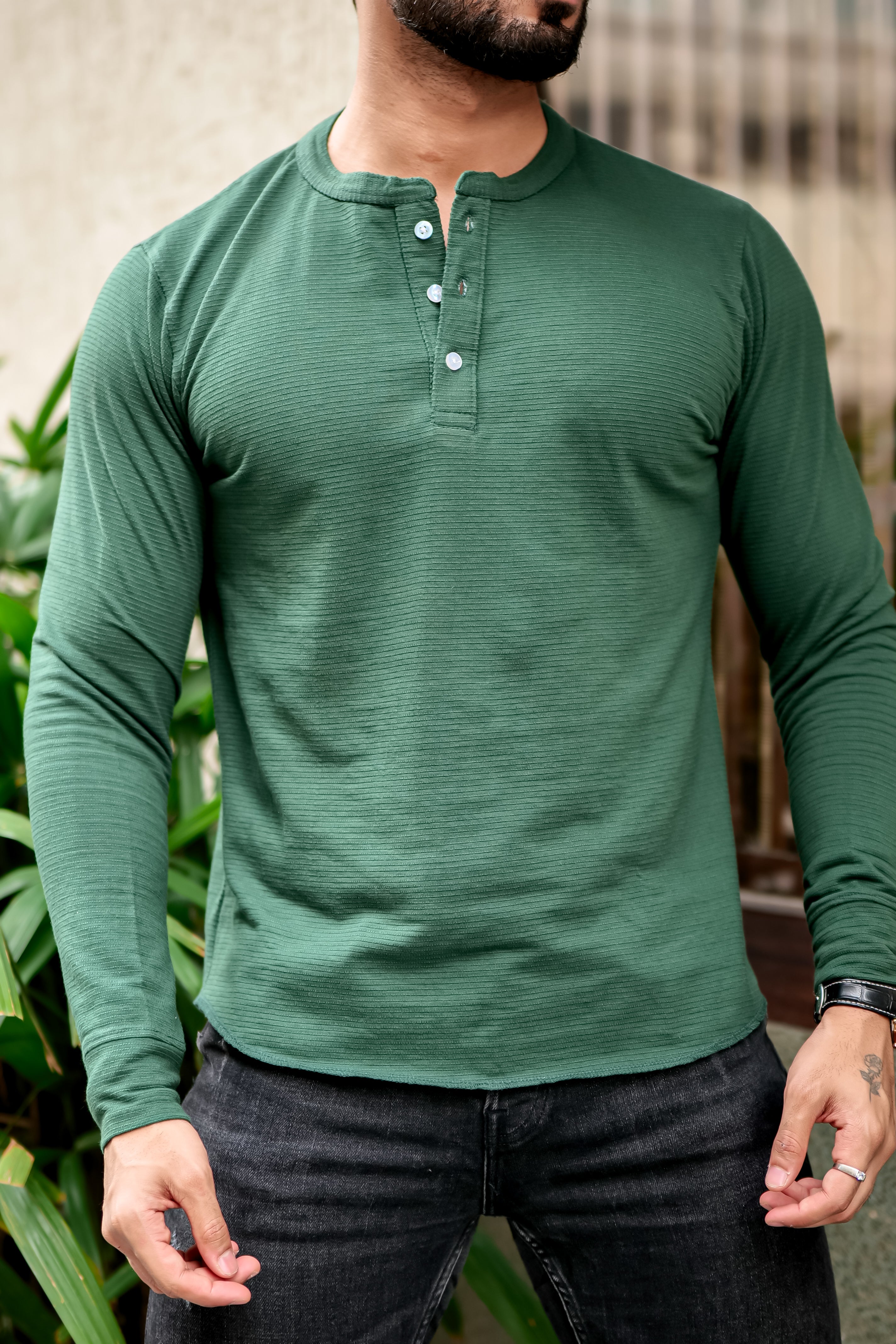 Dark Green Self Design Henely T-Shirt