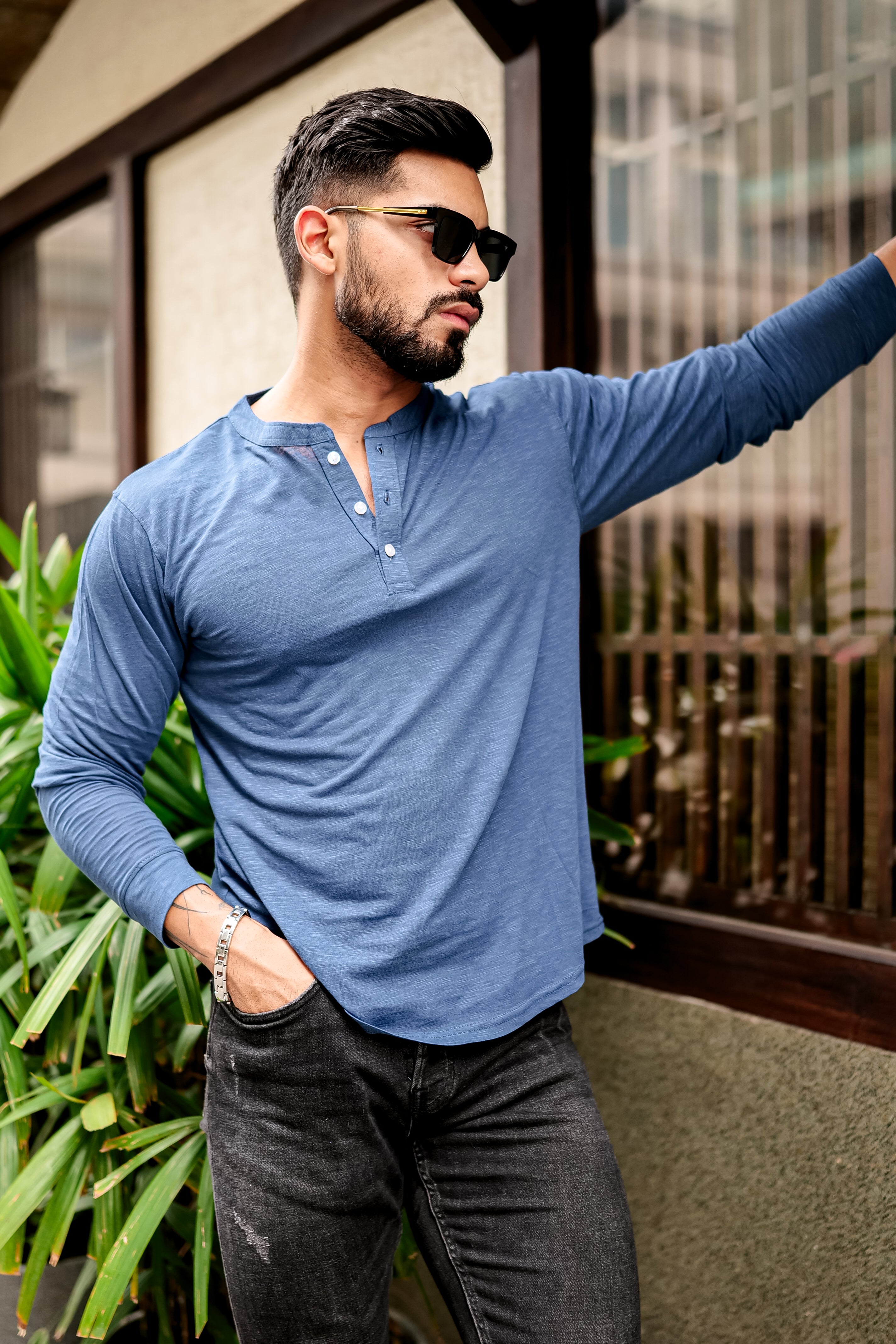 BLUE SLUB HENLEY T-SHIRT