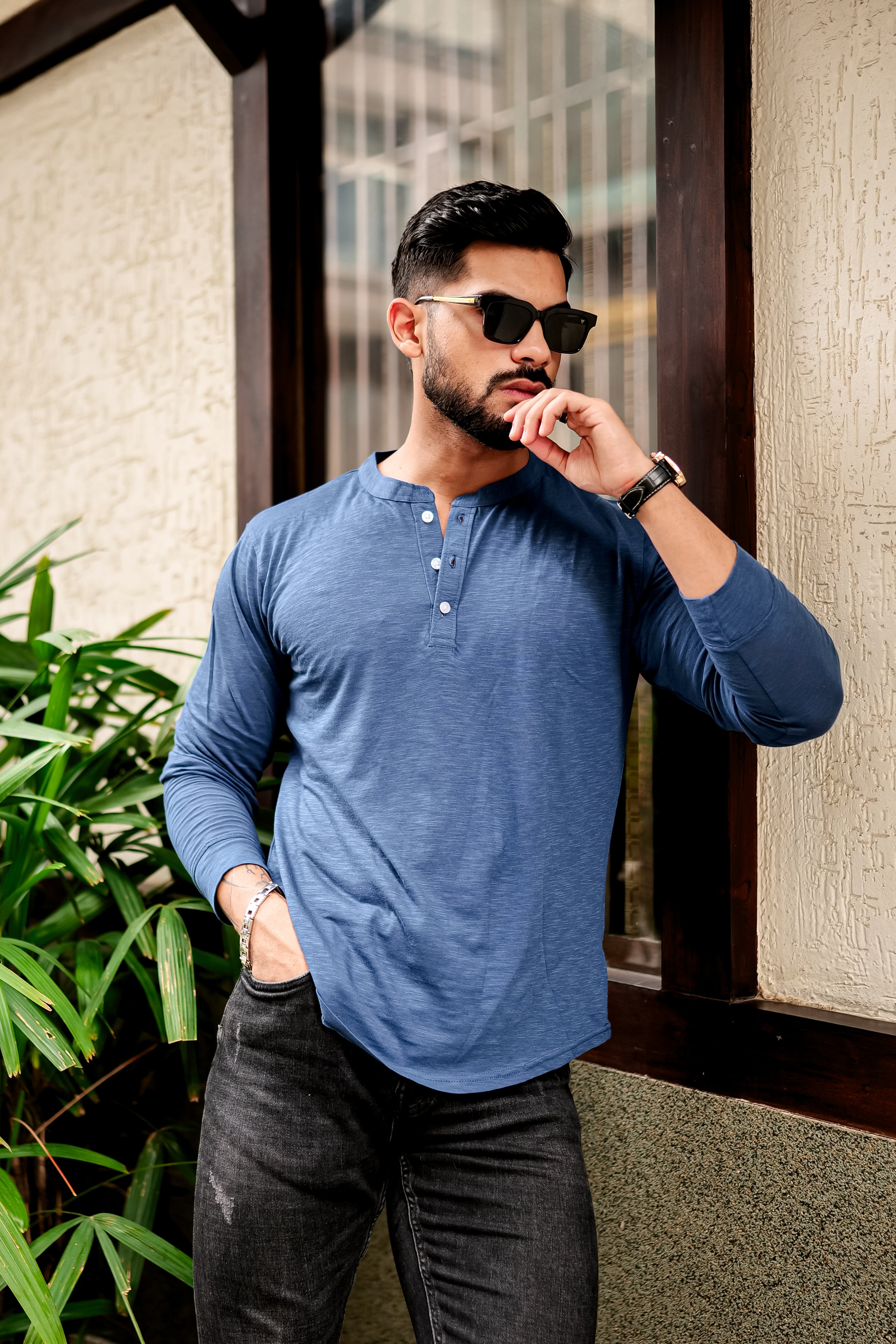 BLUE SLUB HENLEY T-SHIRT