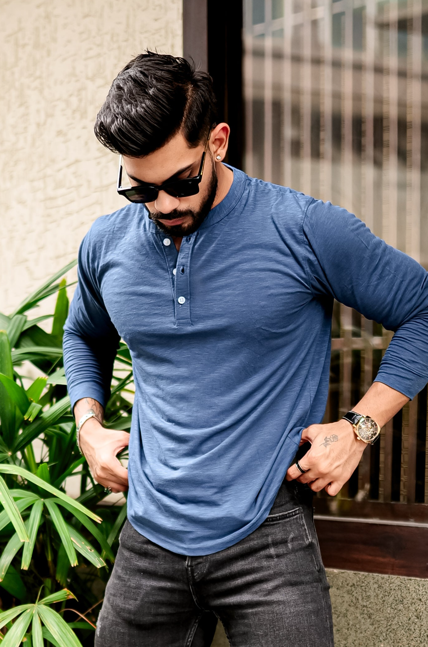 BLUE SLUB HENLEY T-SHIRT