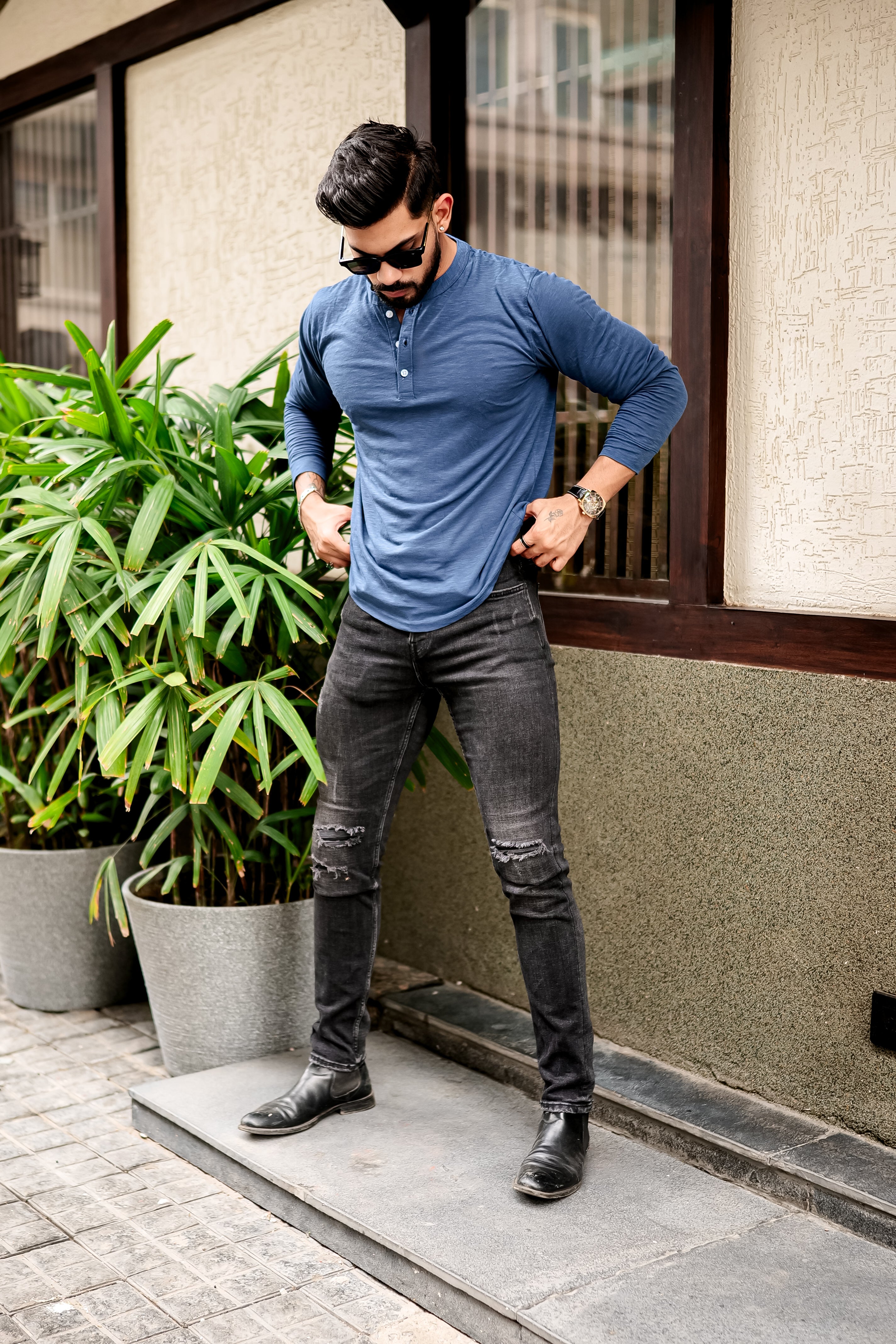 BLUE SLUB HENLEY T-SHIRT