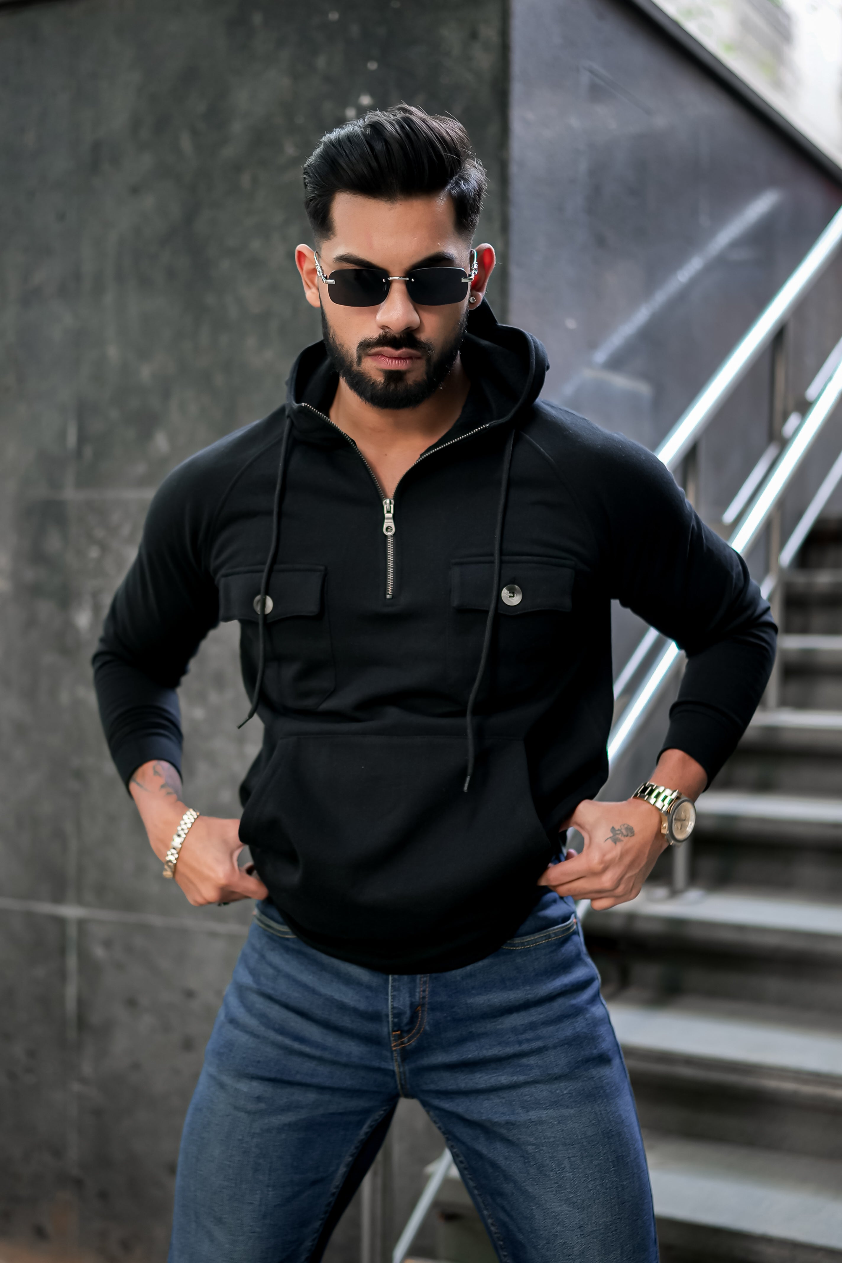 Black Double pocket Hooded Zipper Sweatshirt